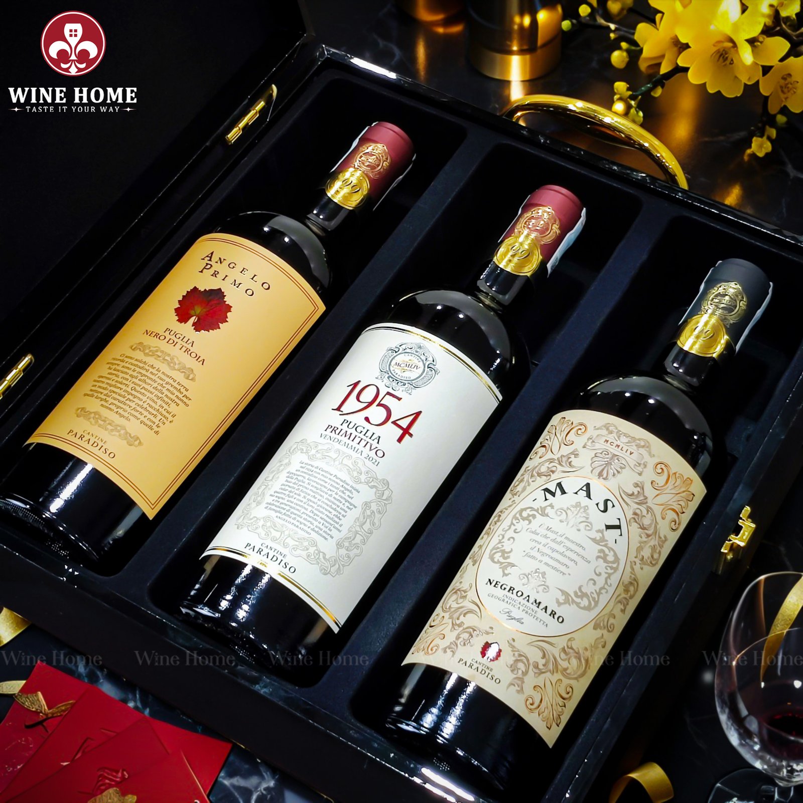 Hộp quà rượu vang 3 chai gỗ sơn mài