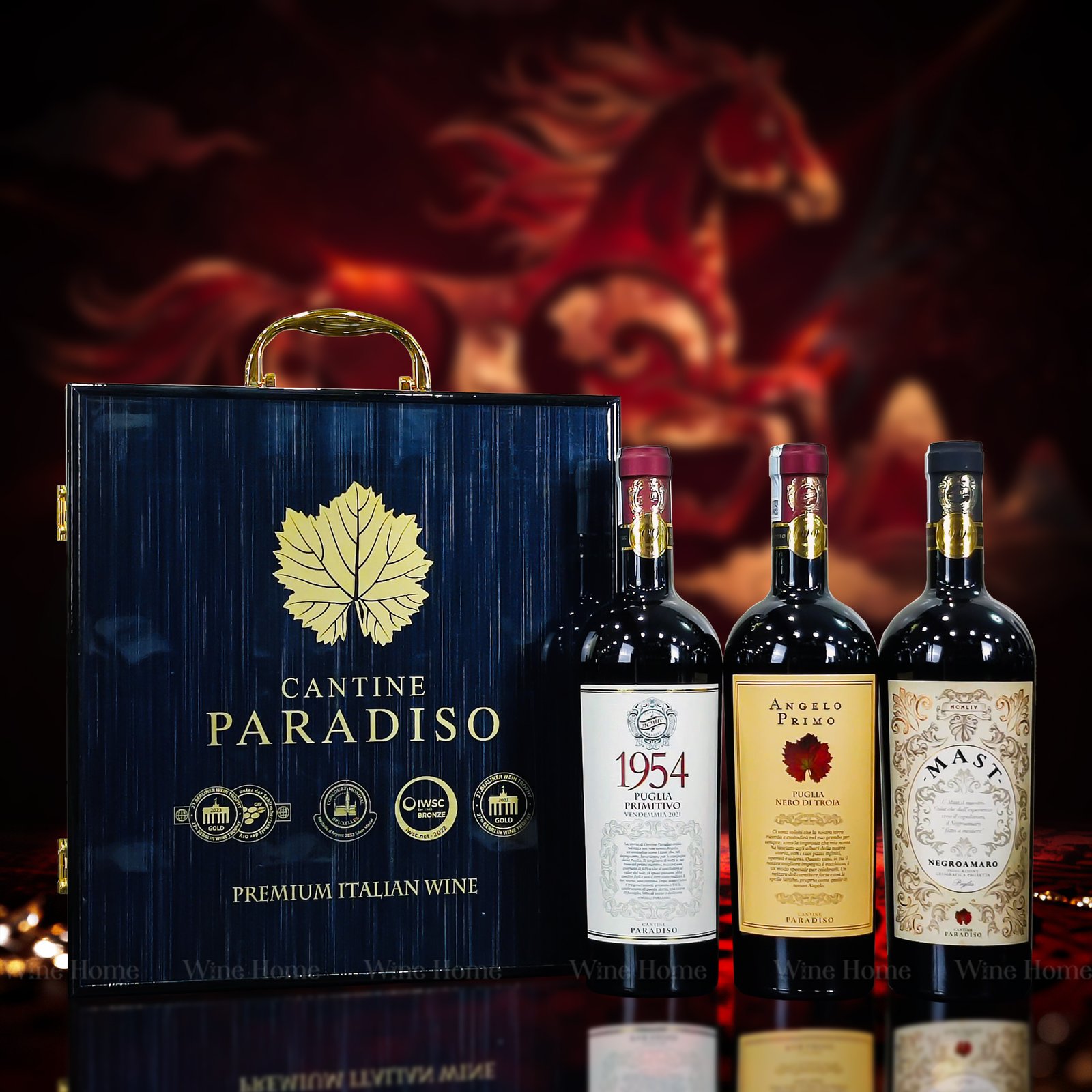Hộp quà rượu vang 3 chai BST Cantine Paradiso – Phiên bản hộp gỗ sơn mài ánh kim sang trọng | Rượu Vang Wine Home Hộp quà rượu vang 3 chai BST Cantine Paradiso