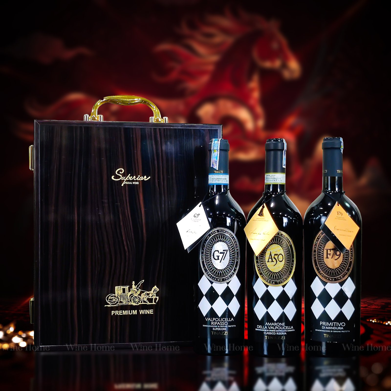 Hộp quà rượu vang 3 chai bộ 3 siêu phẩm Tinazzi Generation – Phiên bản hộp gỗ sơn mài ánh kim sang trọng | Rượu Vang Wine Home Hộp quà rượu vang 3 chai bộ 3 siêu phẩm Tinazzi Generation