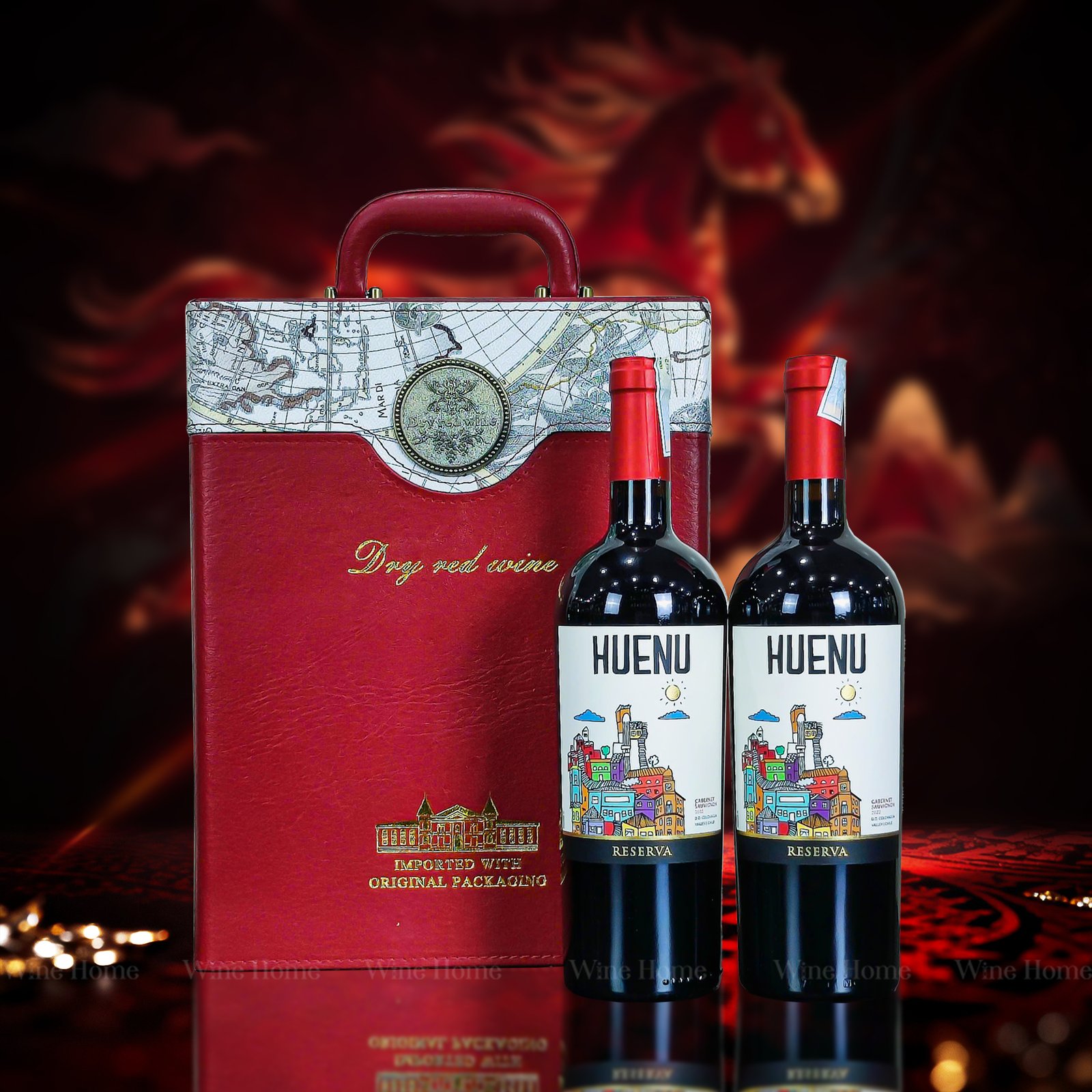 Hộp quà rượu vang 2 chai HUENU Cabernet Sauvignon Reserva – Quà biếu sang trọng từ Chile | Rượu Vang Wine Home Hộp quà rượu vang 2 chai HUENU Cabernet Sauvignon Reserva