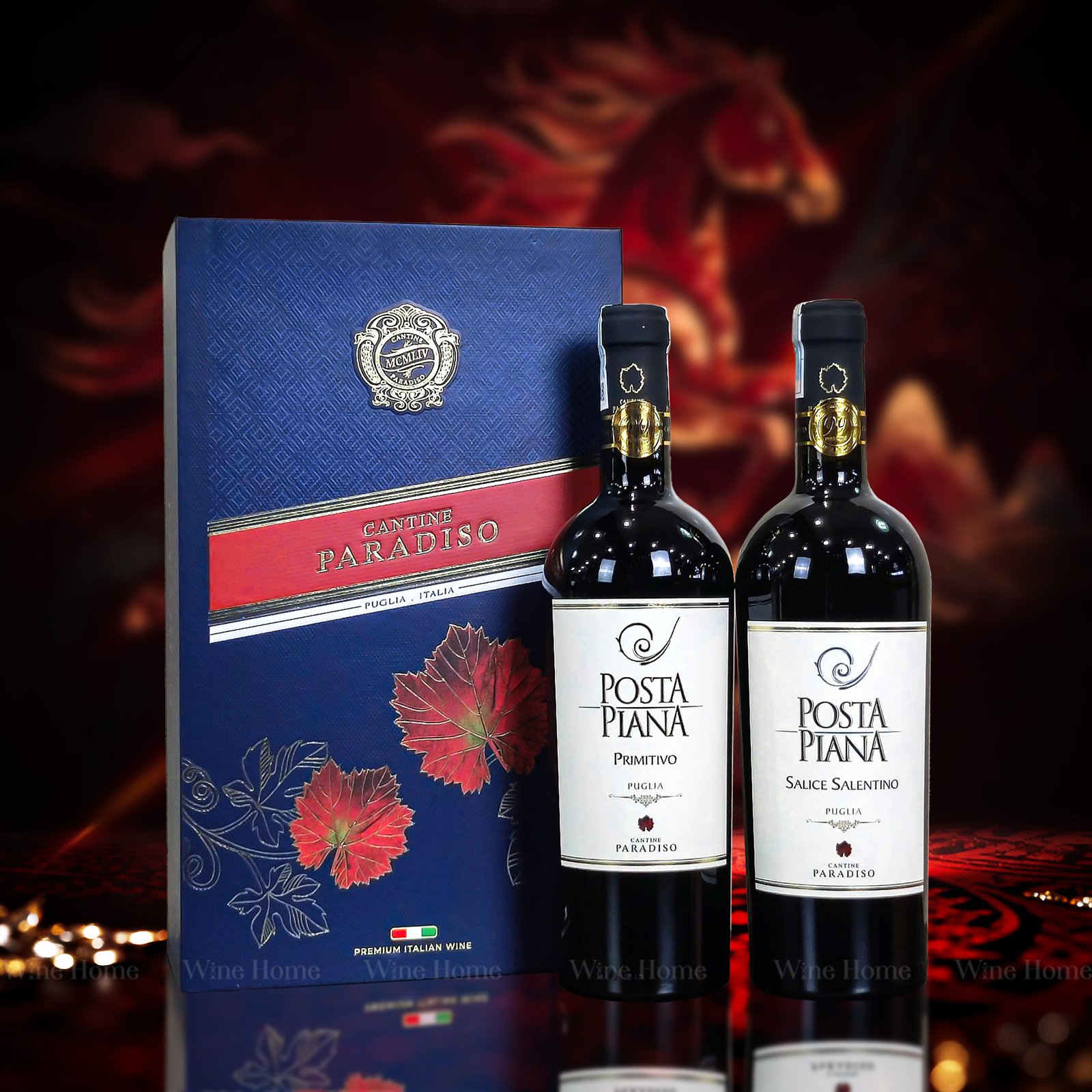 Hộp quà rượu vang 2 chai Posta Piana Primitivo – Biểu tượng quà tặng sang trọng từ thương hiệu Cantine Paradiso | Rượu Vang Wine Home Hộp quà rượu vang 2 chai Posta Piana Primitivo