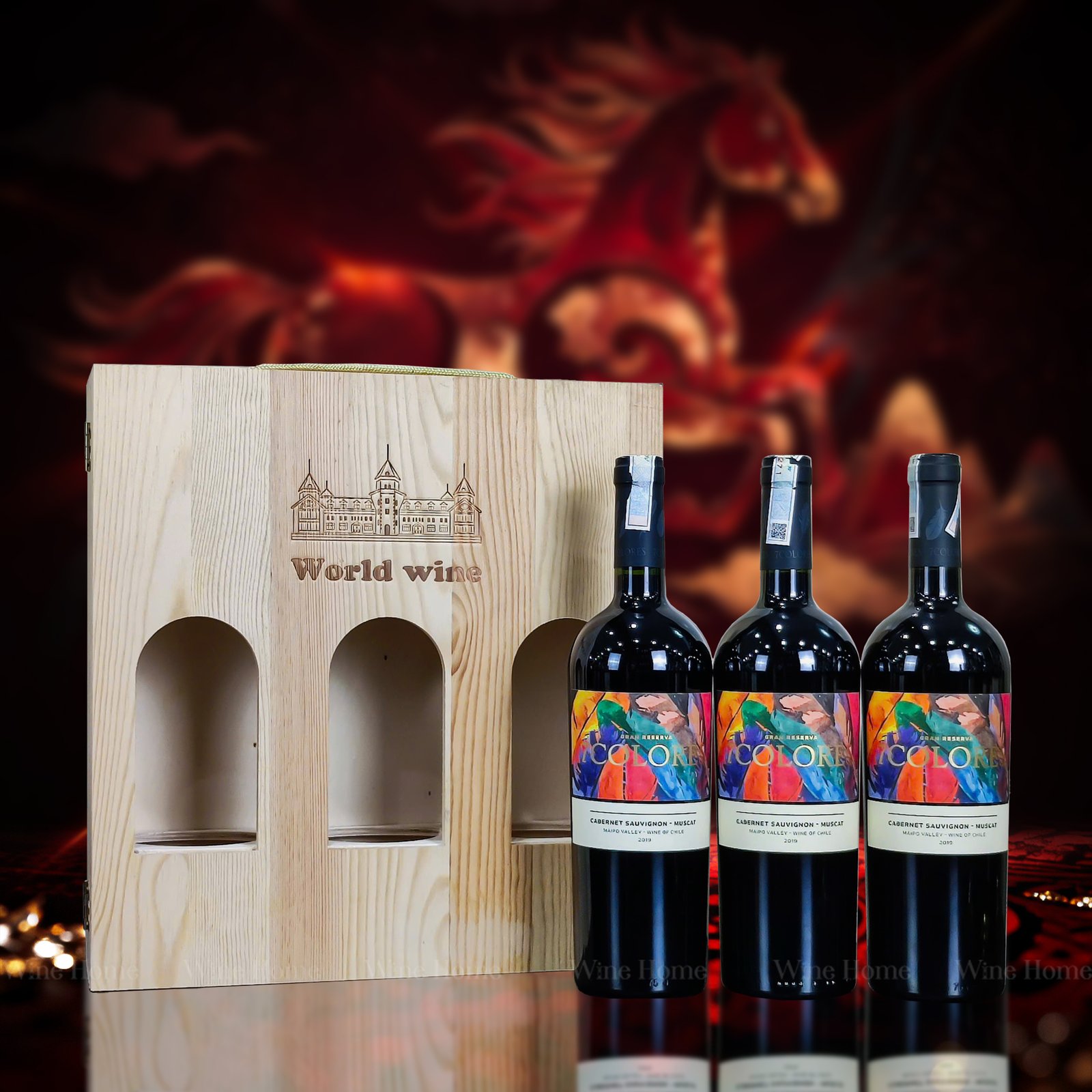 Hộp quà rượu vang 3 chai 7Colores Cabernet Sauvignon Muscat – Phiên bản hộp gỗ mộc sang trọng, biểu tượng quà tặng Gran Reserva đẳng cấp từ Chile | Rượu Vang Wine Home Hộp quà rượu vang 3 chai 7Colores Cabernet Sauvignon Muscat