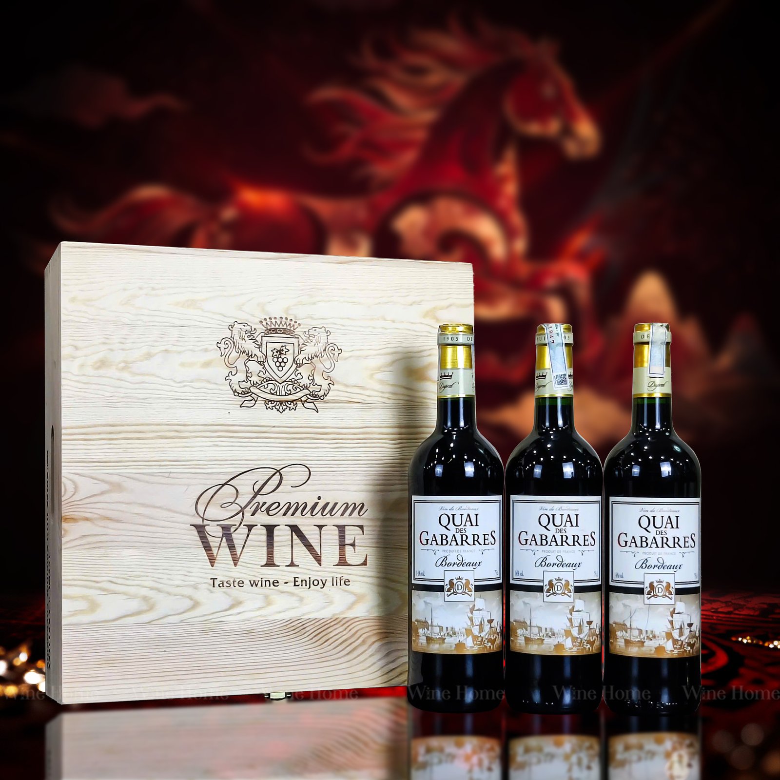 Hộp quà rượu vang 3 chai Quai des Gabarres – Phiên bản hộp gỗ mộc sang trọng, quà tặng cao cấp từ Pháp | Rượu Vang Wine Home Hộp quà rượu vang 3 chai Quai des Gabarres
