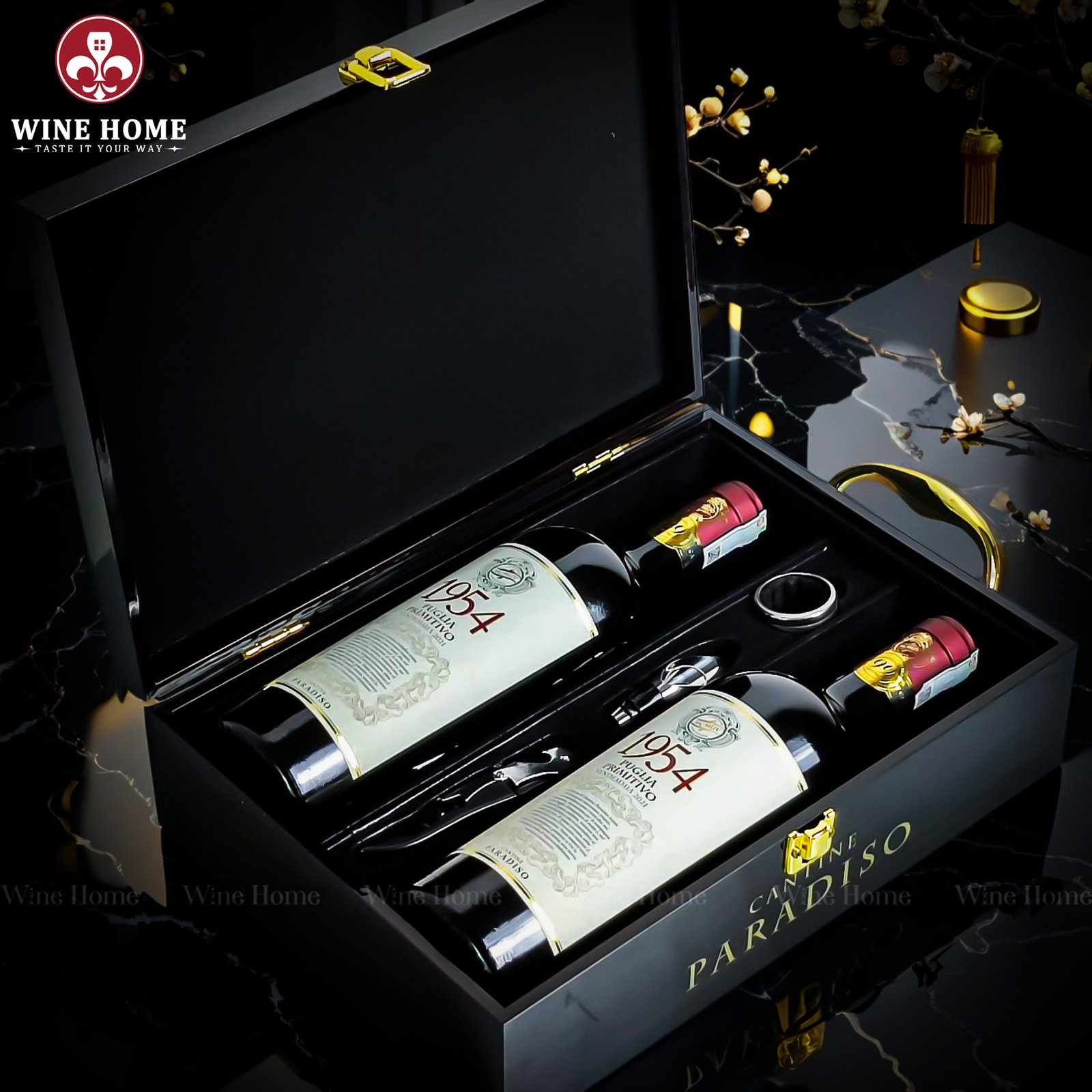 Hộp quà rượu vang 2 chai 1954 Primitivo – Phiên bản hộp quà gỗ sơn mài sang trọng, quà tặng đẳng cấp | Rượu Vang Wine Home Hộp quà rượu vang 2 chai 1954 Primitivo