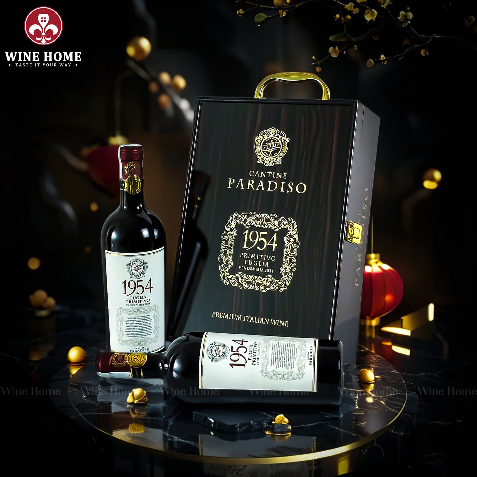 Hộp quà rượu vang 2 chai 1954 Primitivo – Phiên bản hộp quà gỗ sơn mài sang trọng, quà tặng đẳng cấp | Rượu Vang Wine Home Hộp quà rượu vang 2 chai 1954 Primitivo
