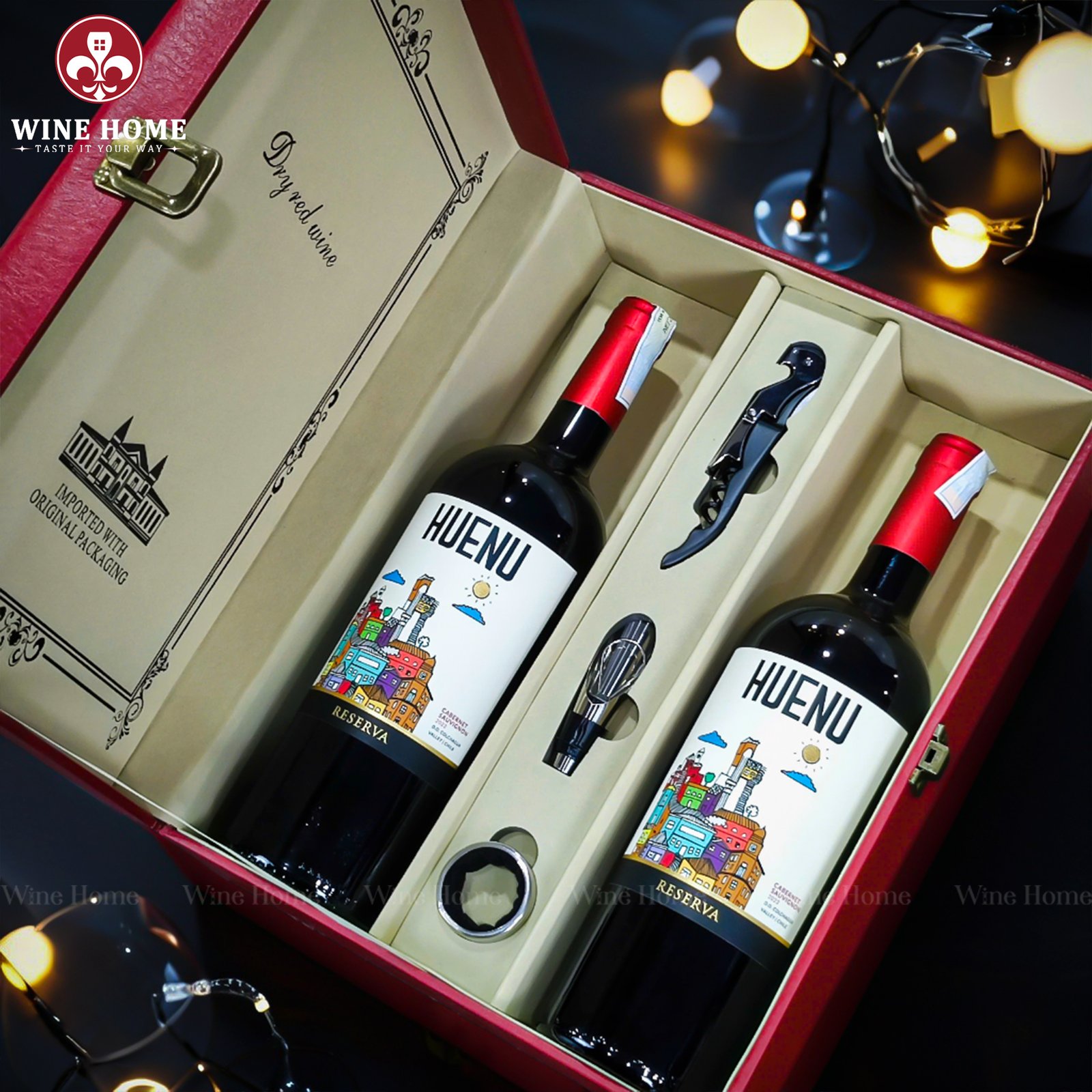 Hộp quà rượu vang 2 chai HUENU Cabernet Sauvignon Reserva – Quà biếu sang trọng từ Chile | Rượu Vang Wine Home Hộp quà rượu vang 2 chai HUENU Cabernet Sauvignon Reserva