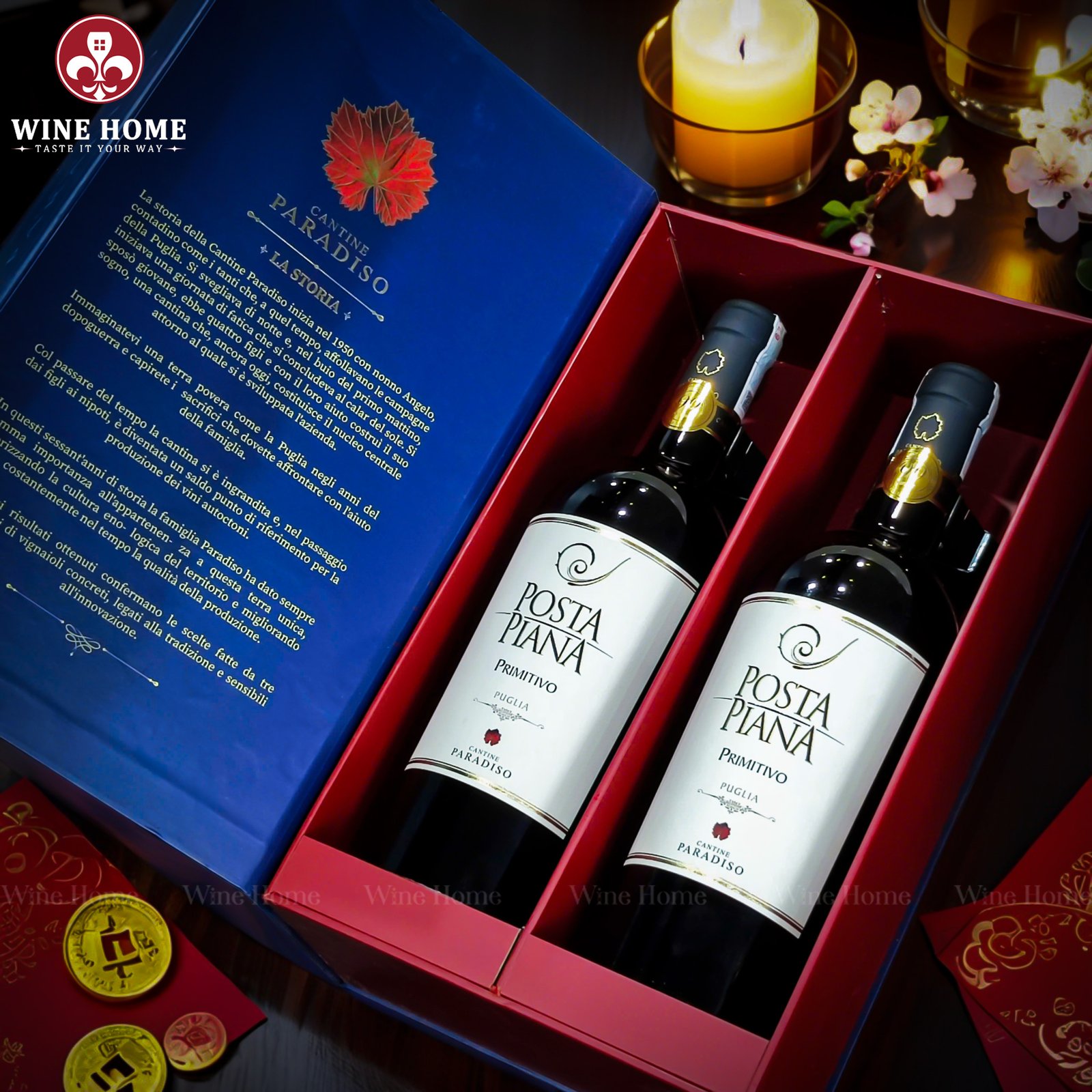 Hộp quà rượu vang 2 chai Posta Piana Primitivo – Biểu tượng quà tặng sang trọng từ thương hiệu Cantine Paradiso | Rượu Vang Wine Home Hộp quà rượu vang 2 chai Posta Piana Primitivo