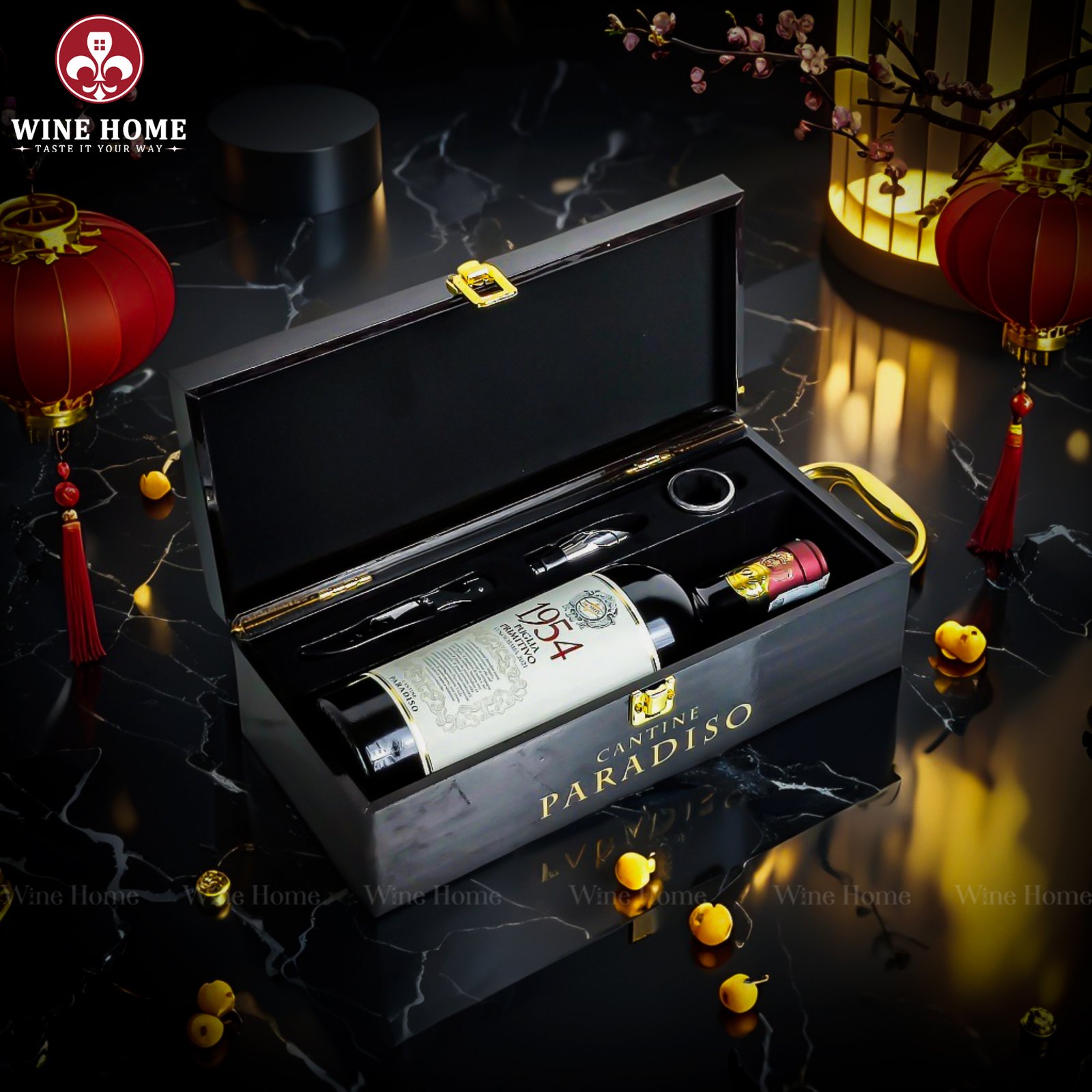 Hộp Quà Rượu Vang 1 chai 1954 Primitivo Cantine Paradiso - Phiên Bản Hộp Gỗ Sơn Mài Sang Trọng | Rượu Vang Wine Home HỘP QUÀ RƯỢU VANG 1 CHAI 1954 PRIMITIVO CANTINE PARADISO