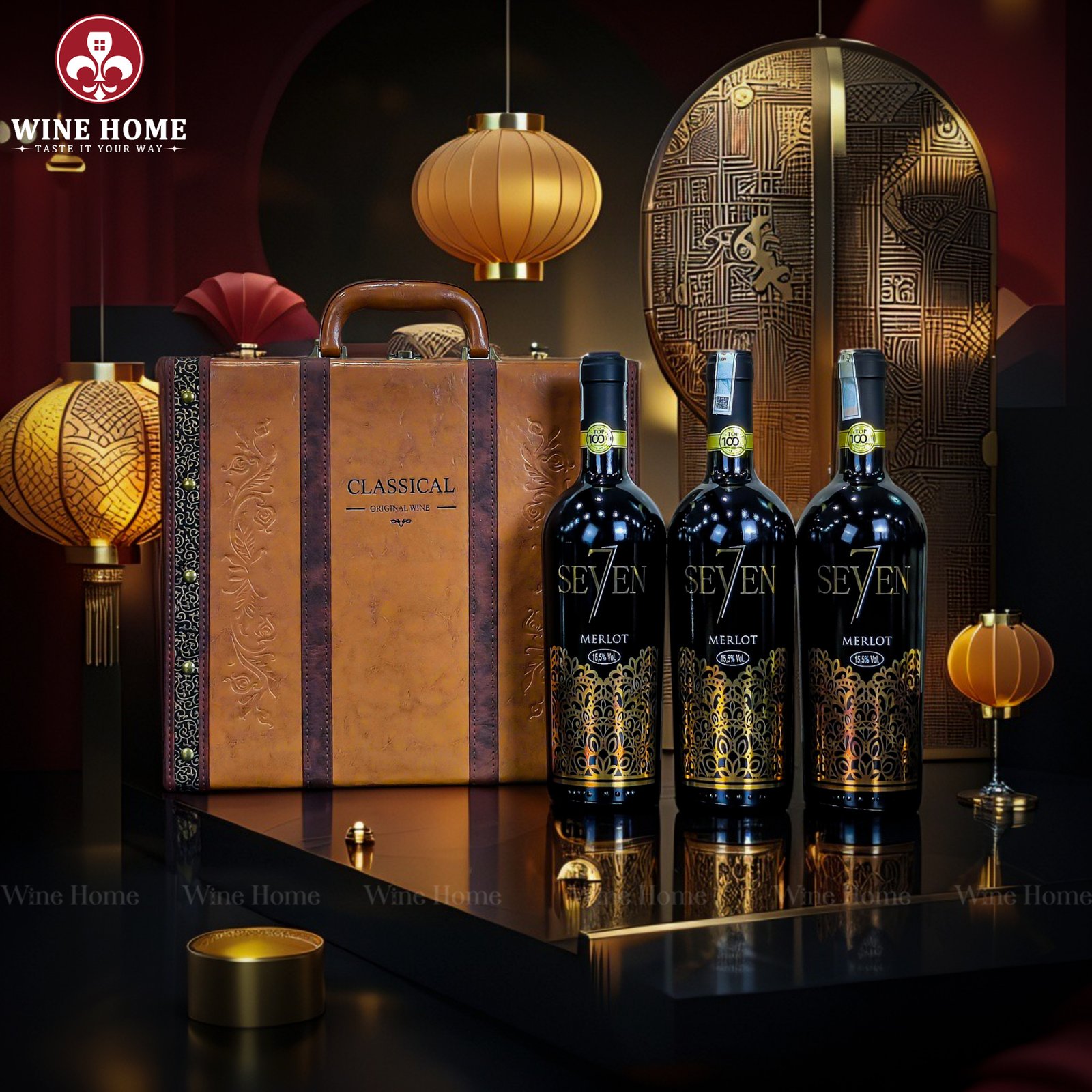 Hộp quà rượu vang 3 chai Seven7 Merlot – Phiên bản hộp da sang trọng, món quà tặng đẳng cấp | Rượu Vang Wine Home Hộp quà rượu vang 3 chai Seven7 Merlot