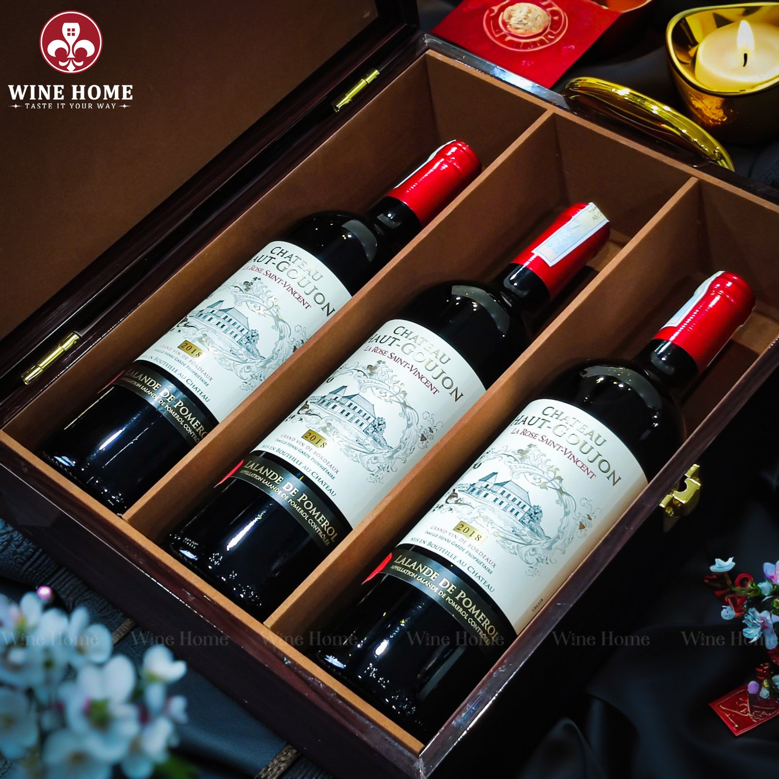 Hộp quà rượu vang 3 chai Chateau Haut Goujon – Tặng phẩm thượng hạng mang đậm phong cách Bordeaux | Rượu Vang Wine Home Hộp quà rượu vang 3 chai Chateau Haut Goujon