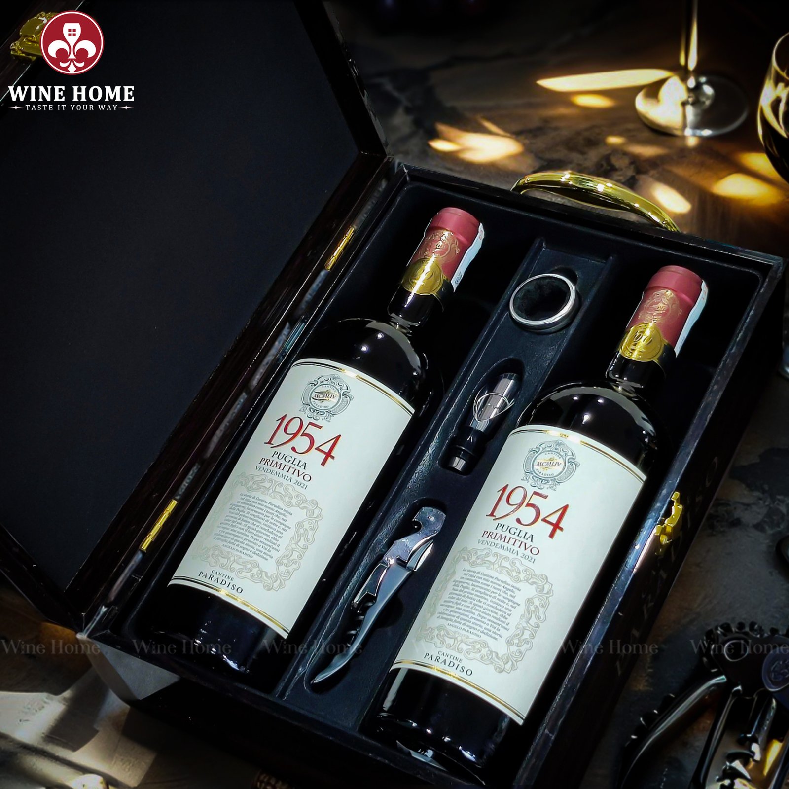 Hộp quà rượu vang 2 chai 1954 Primitivo – Phiên bản hộp quà gỗ sơn mài sang trọng, quà tặng đẳng cấp | Rượu Vang Wine Home Hộp quà rượu vang 2 chai 1954 Primitivo