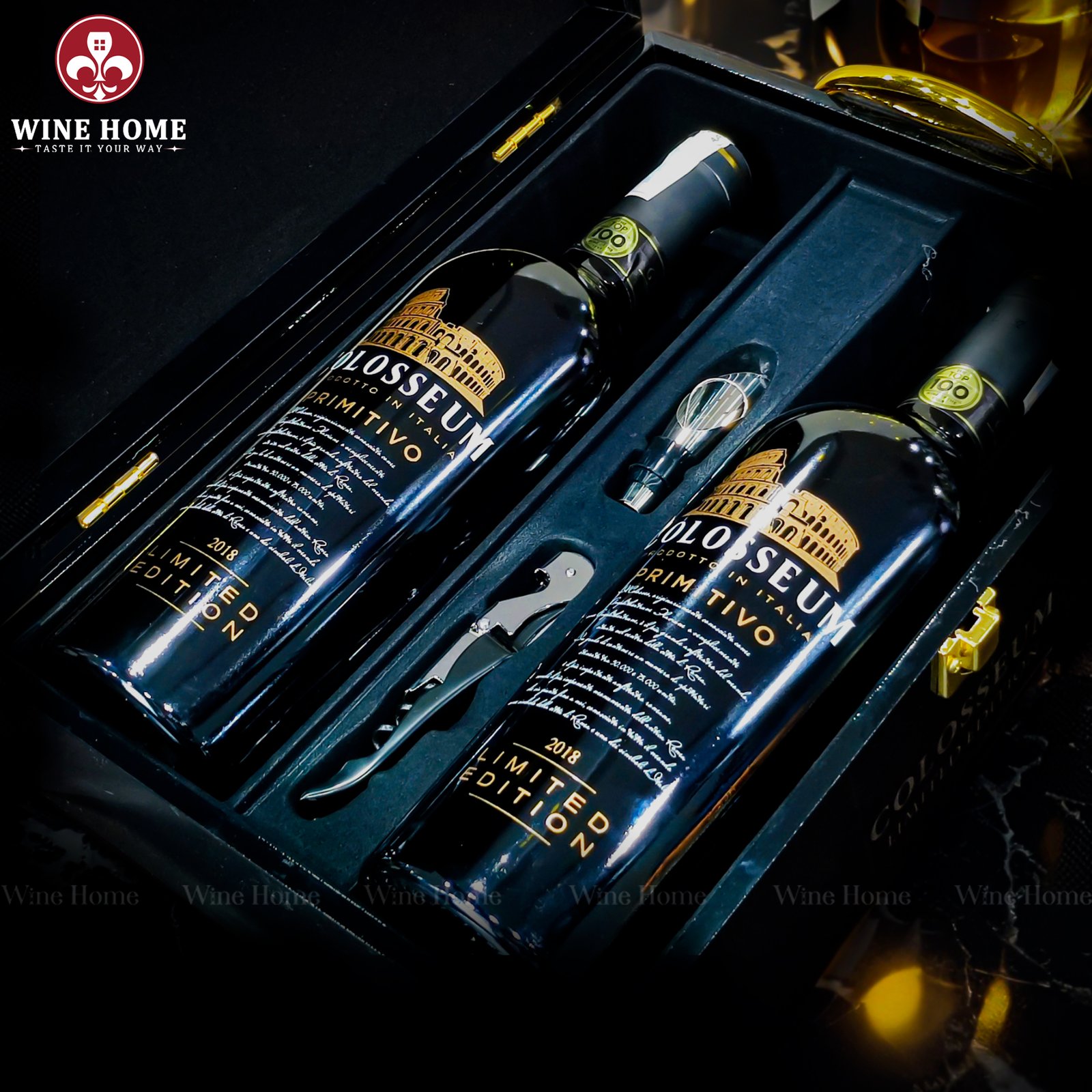 Hộp quà rượu vang 2 chai Colosseum Primitivo – Phiên bản hộp quà gỗ sơn mài sang trọng | Rượu Vang Wine Home Hộp quà rượu vang 2 chai Colosseum Primitivo