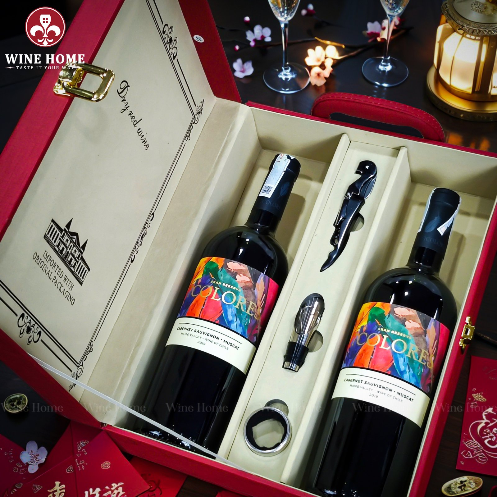 Hộp quà rượu vang 2 chai 7Colores Cabernet Sauvignon Muscat Gran Reserva – Món quà sang trọng, đậm chất Chile | Rượu Vang Wine Home Hộp quà rượu vang 2 chai 7Colores Cabernet Sauvignon Muscat Gran Reserva