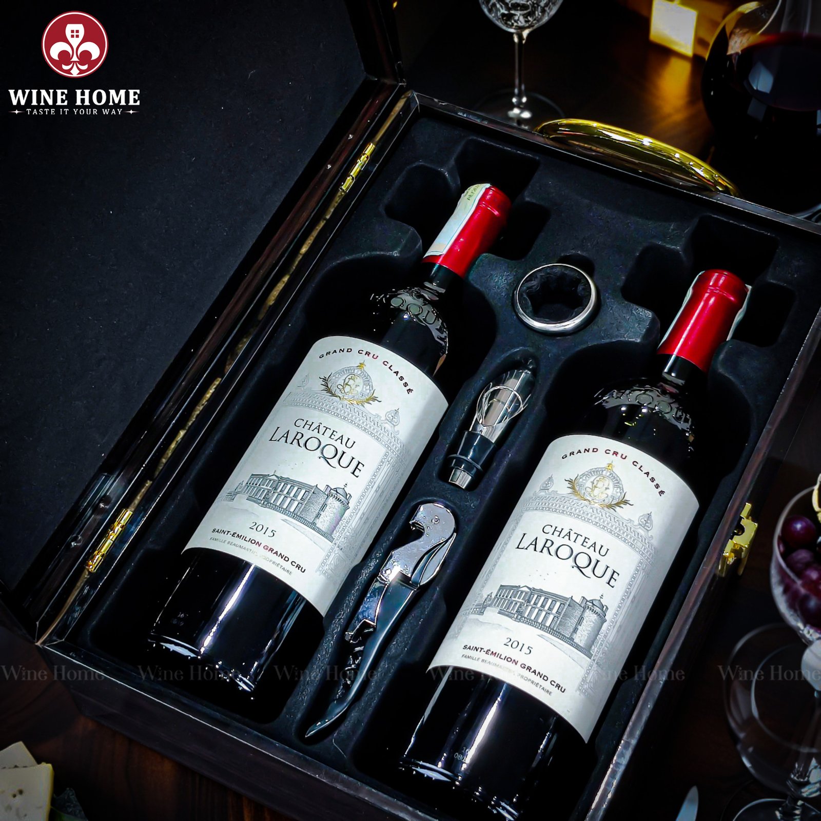 Hộp quà rượu vang 2 chai bằng gỗ sang trọng