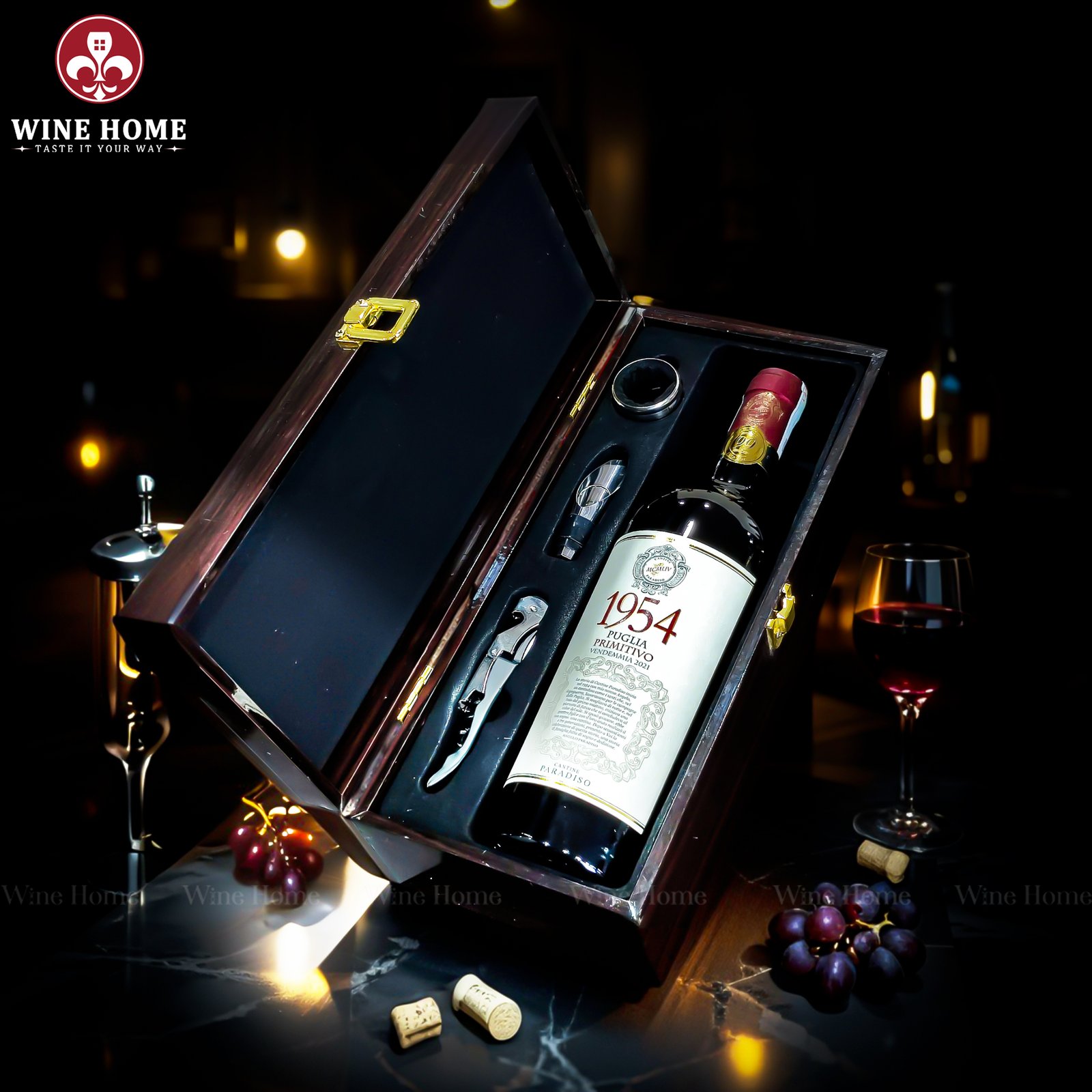 Hộp Quà Rượu Vang 1 chai 1954 Primitivo Cantine Paradiso - Phiên Bản Hộp Gỗ Sơn Mài Sang Trọng | Rượu Vang Wine Home HỘP QUÀ RƯỢU VANG 1 CHAI 1954 PRIMITIVO CANTINE PARADISO