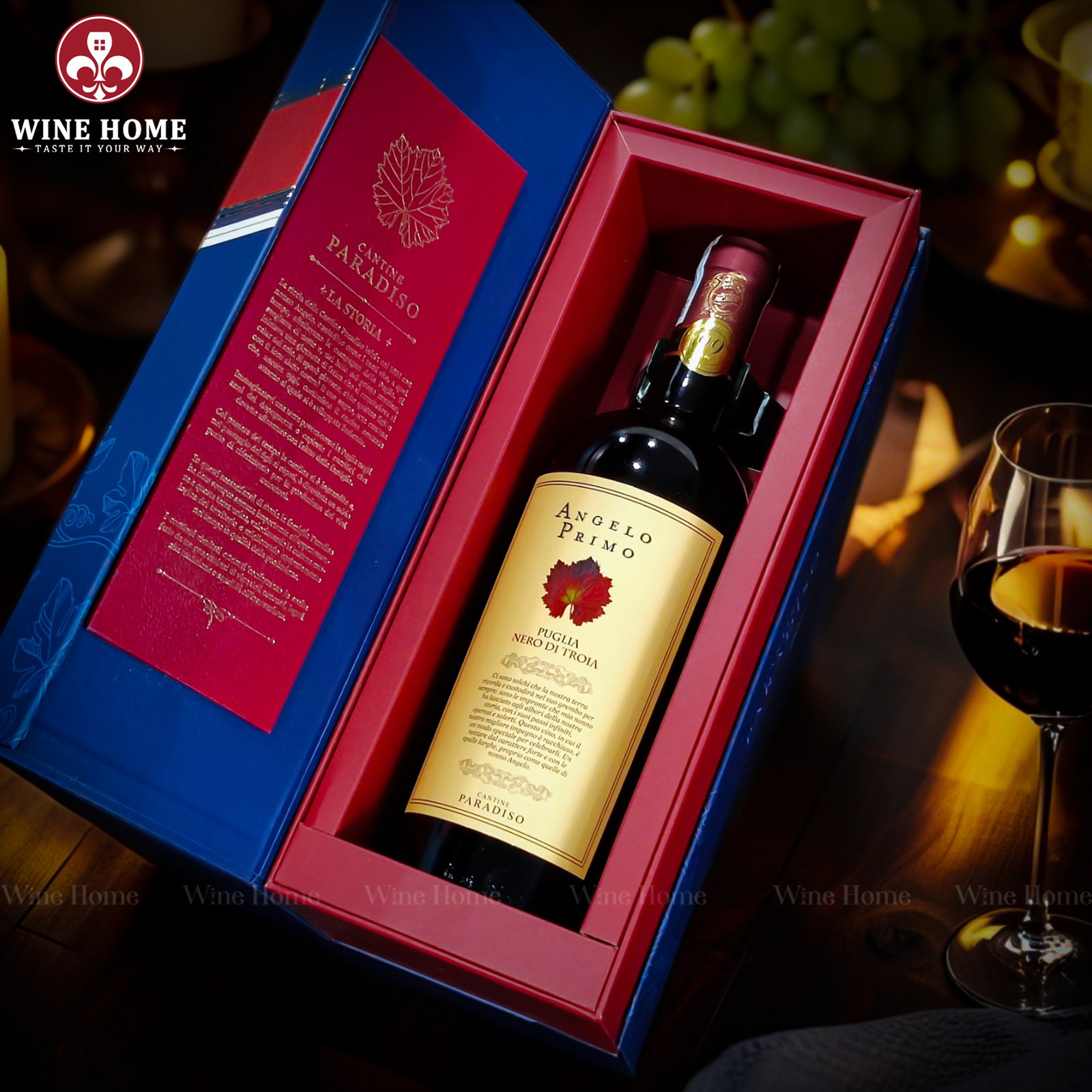 Hộp quà rượu vang 1 chai Angelo Primo Nero di Troia – Quà tặng rượu vang Ý sang trọng từ Cantine Paradiso | Rượu Vang Wine Home Hộp quà rượu vang 1 chai Angelo Primo Nero di Troia