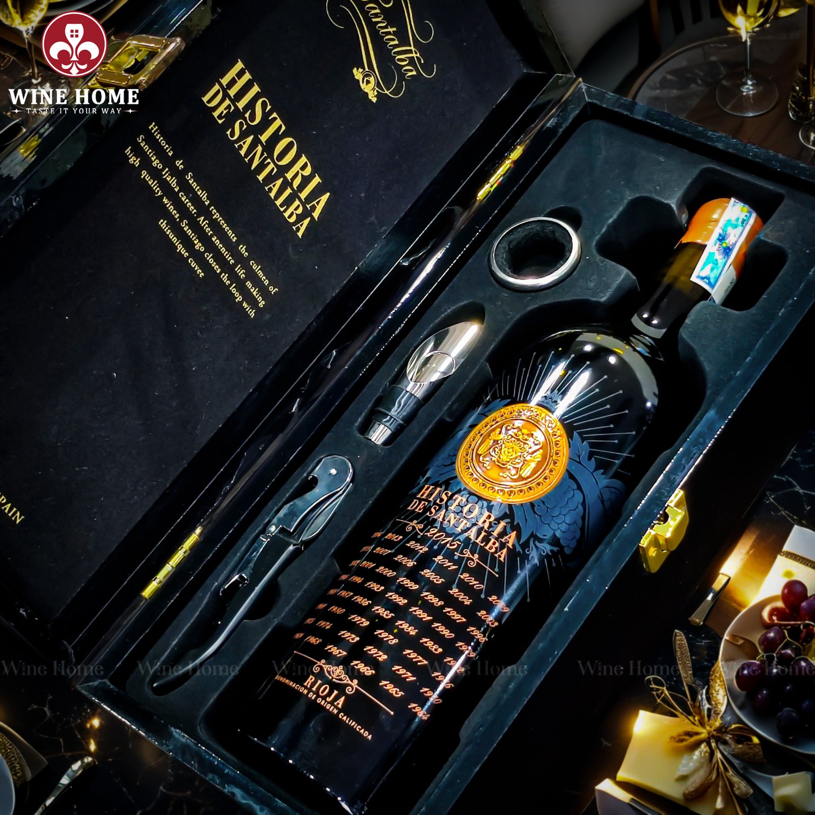 Hộp quà rượu vang 1 chai Historia de Santalba – Biểu tượng tinh hoa rượu vang Tây Ban Nha trong hộp gỗ sơn mài sang trọng | Rượu Vang Wine Home Hộp quà rượu vang 1 chai Historia de Santalba