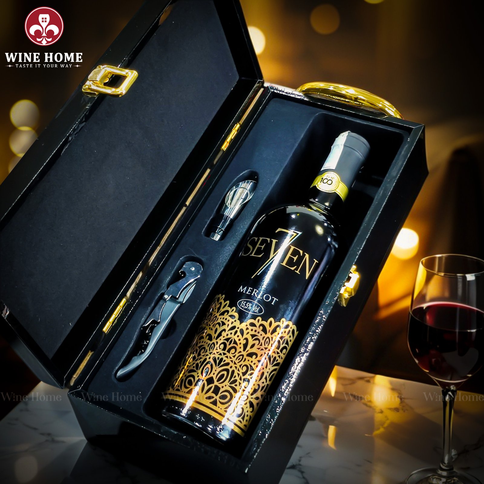 Hộp quà rượu vang 1 chai Seven7 Merlot – Phiên bản hộp gỗ sơn mài sang trọng, quà tặng cao cấp từ Ý | Rượu Vang Wine Home Hộp quà rượu vang 1 chai Seven7 Merlot