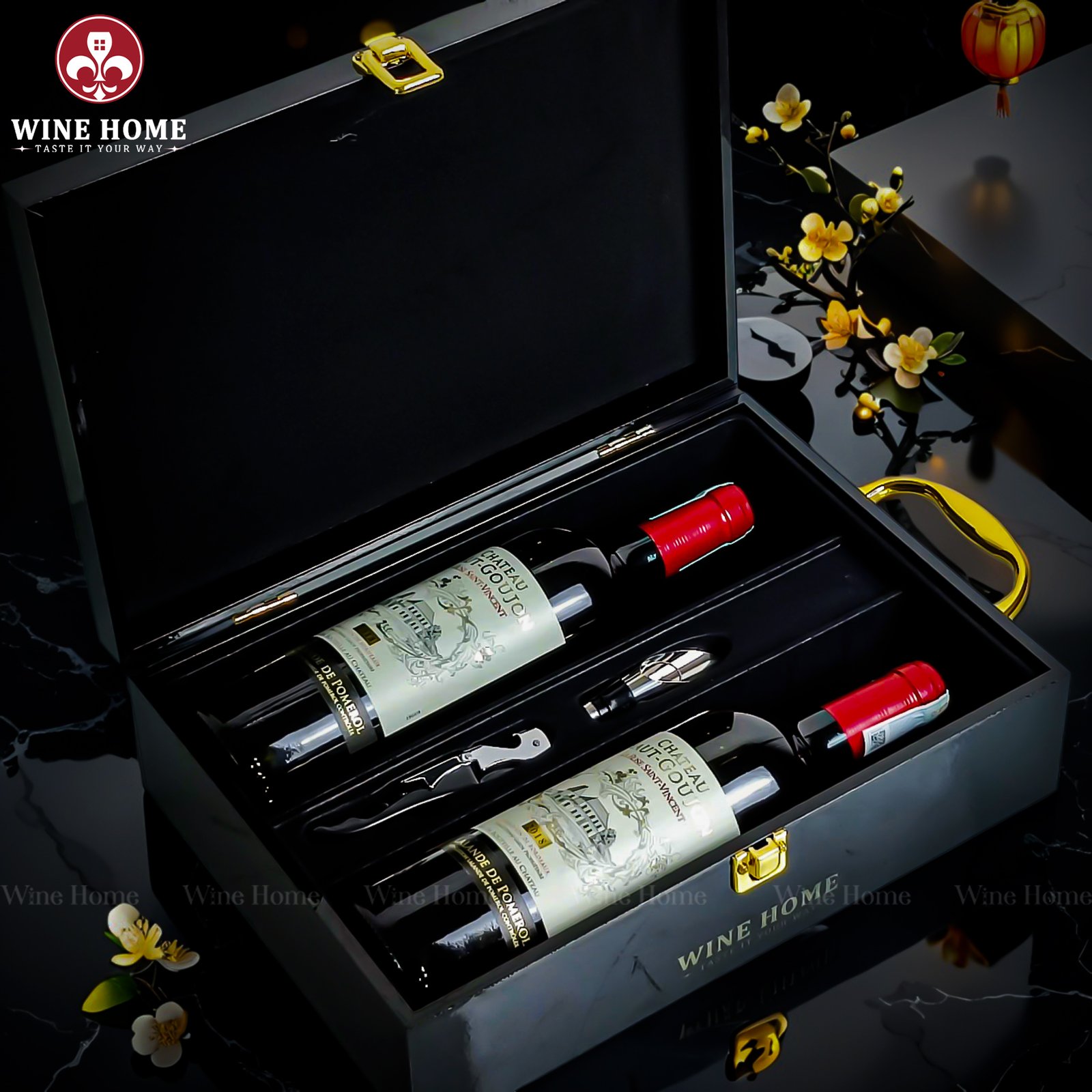 Hộp Quà Rượu Vang 2 chai Château Haut Goujon 2018 | Hộp Gỗ Sơn Mài Cao Cấp – Món Quà Sang Trọng Từ Wine Home | Rượu Vang Wine Home Hộp Quà Rượu Vang 2 chai Château Haut Goujon 2018