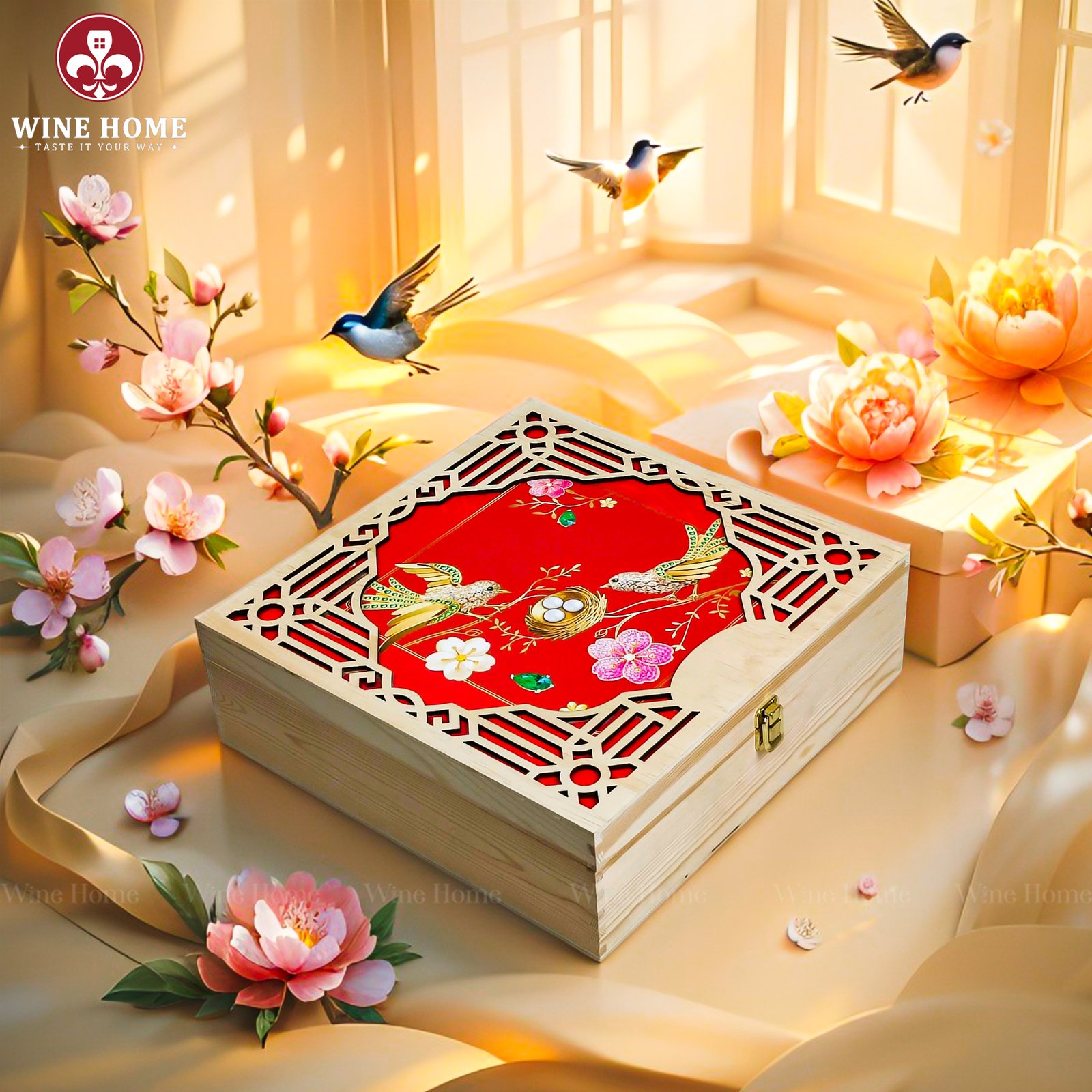Hộp Quà Tết Xuân Như Ý Hộp Gỗ Đỏ 01 | Quà Tết Cao Cấp 2026 Wine Home | Rượu Vang Wine Home Hộp Quà Tết Xuân Như Ý Hộp Gỗ Đỏ