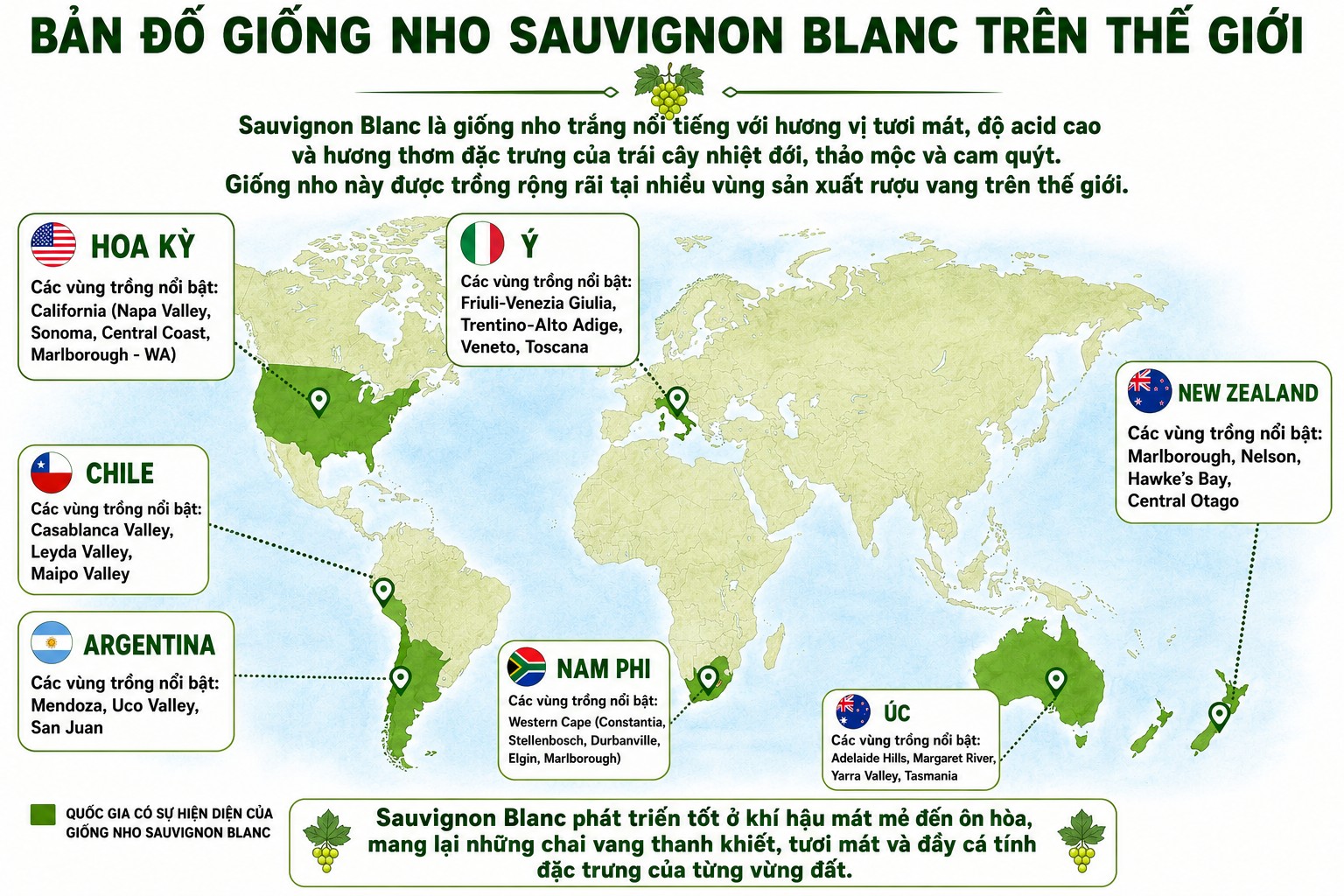 Bản đồ giống nho Sauvignon Blanc trên toàn thế giới