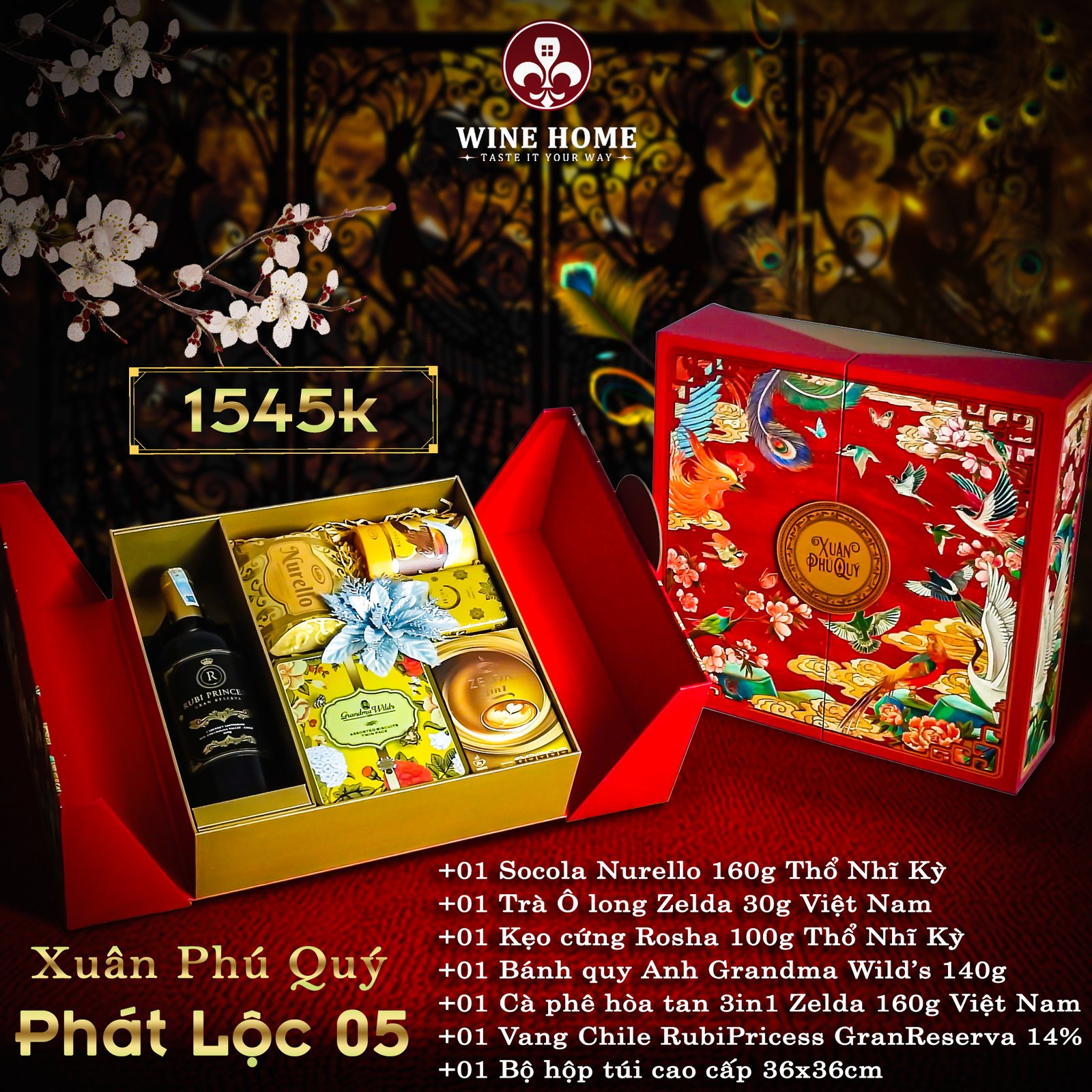 Hộp quà tết cao cấp 2025 Xuân Phú Quý Phát Lộc 05 | Rượu Vang Wine Home Hộp quà tết cao cấp 2025 Xuân Phú Quý Phát Lộc 05