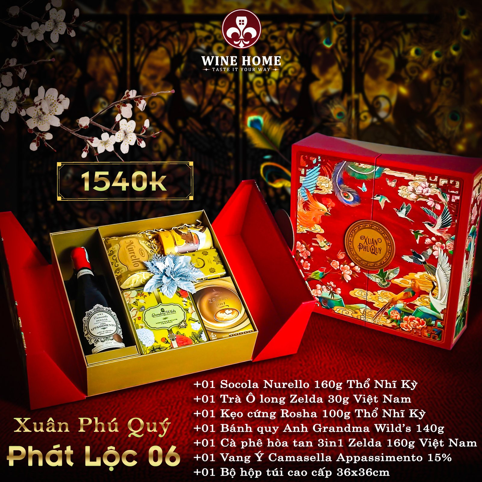 Hộp quà tết cao cấp 2025 Xuân Phú Quý Phát Lộc 06 | Rượu Vang Wine Home Hộp quà tết cao cấp 2025 Xuân Phú Quý Phát Lộc 06
