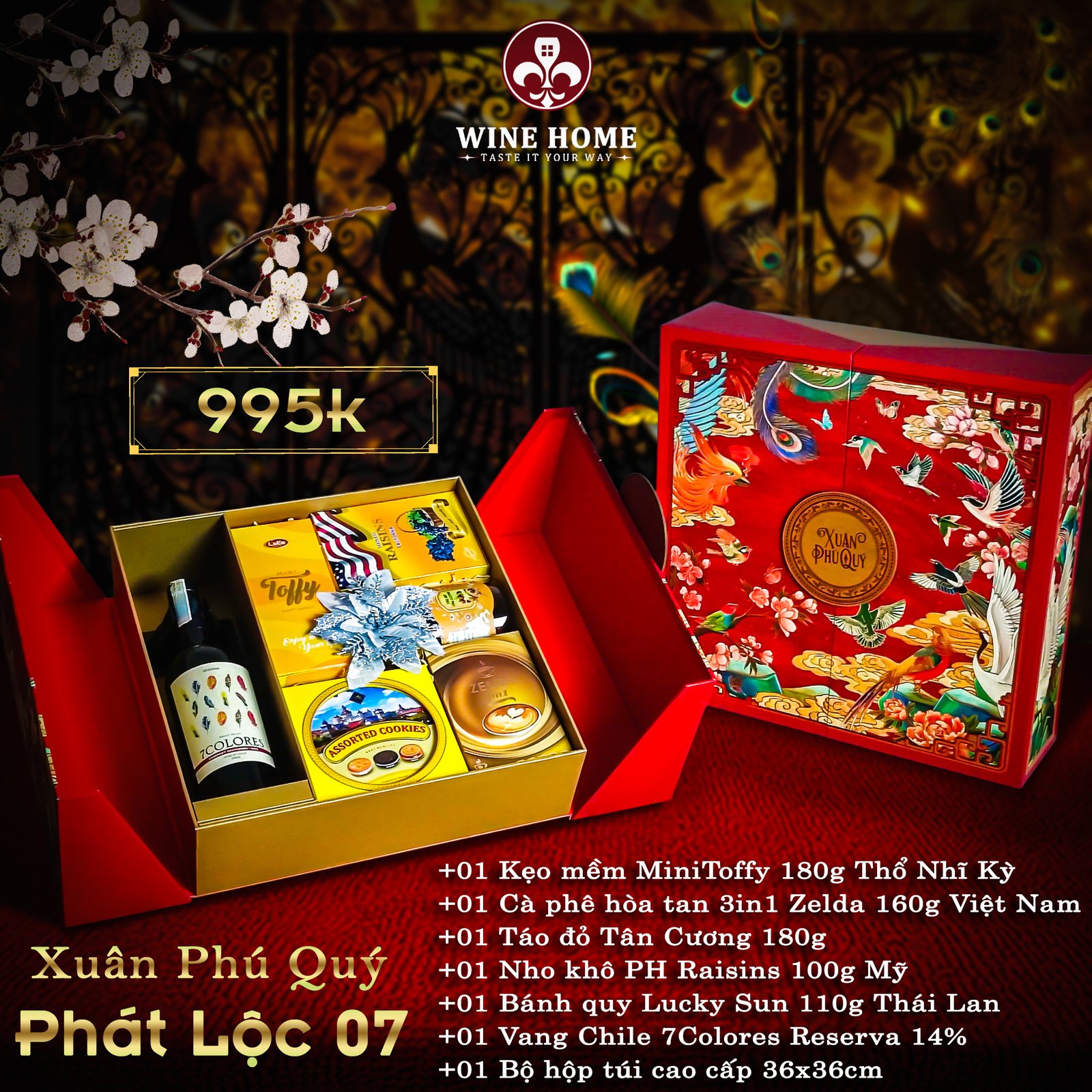 Hộp quà tết cao cấp 2025 Xuân Phú Quý Phát Lộc 07 | Rượu Vang Wine Home Hộp quà tết cao cấp 2025 Xuân Phú Quý Phát Lộc 07