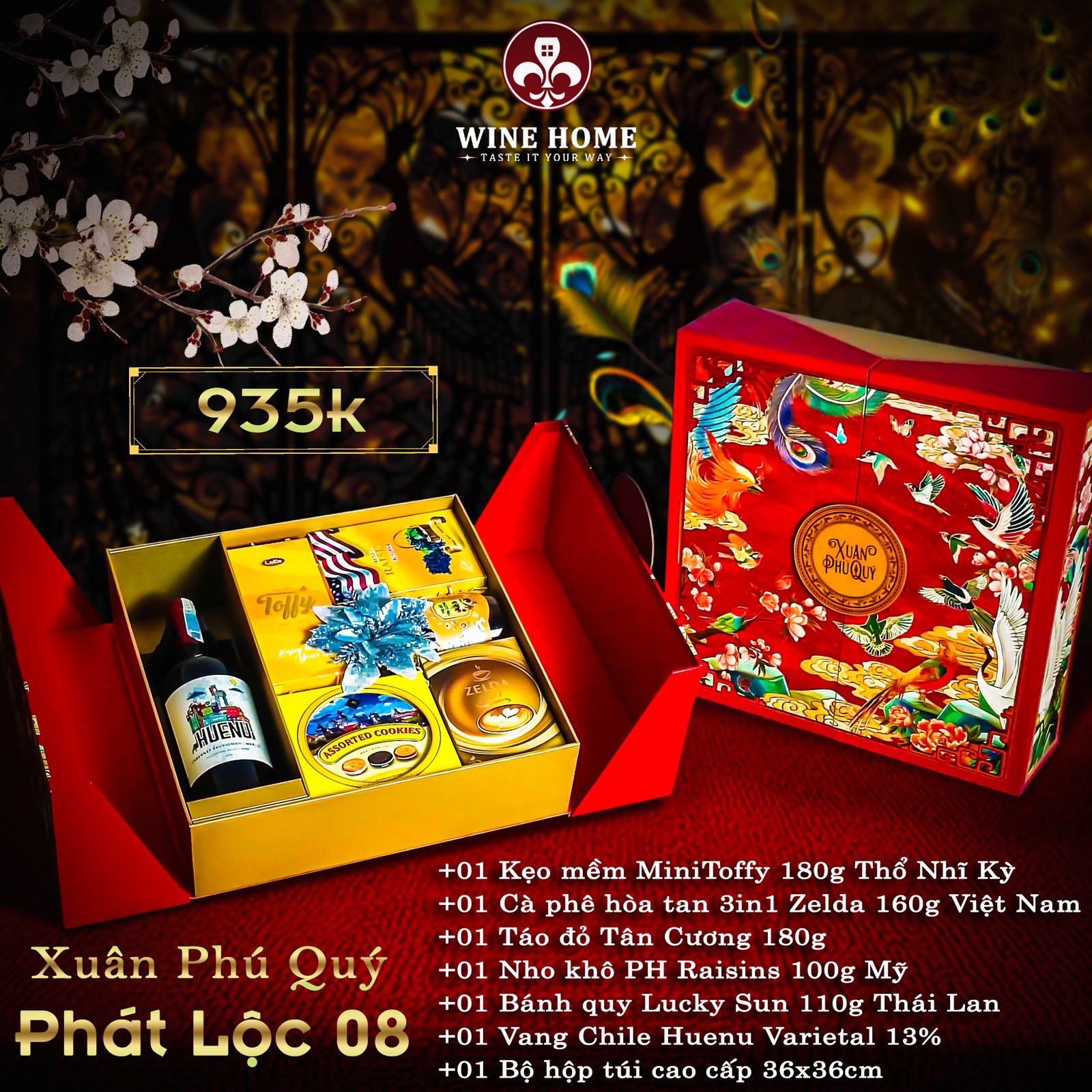Hộp quà tết cao cấp 2025 Xuân Phú Quý Phát Lộc 08 | Rượu Vang Wine Home Hộp quà tết cao cấp 2025 Xuân Phú Quý Phát Lộc 08