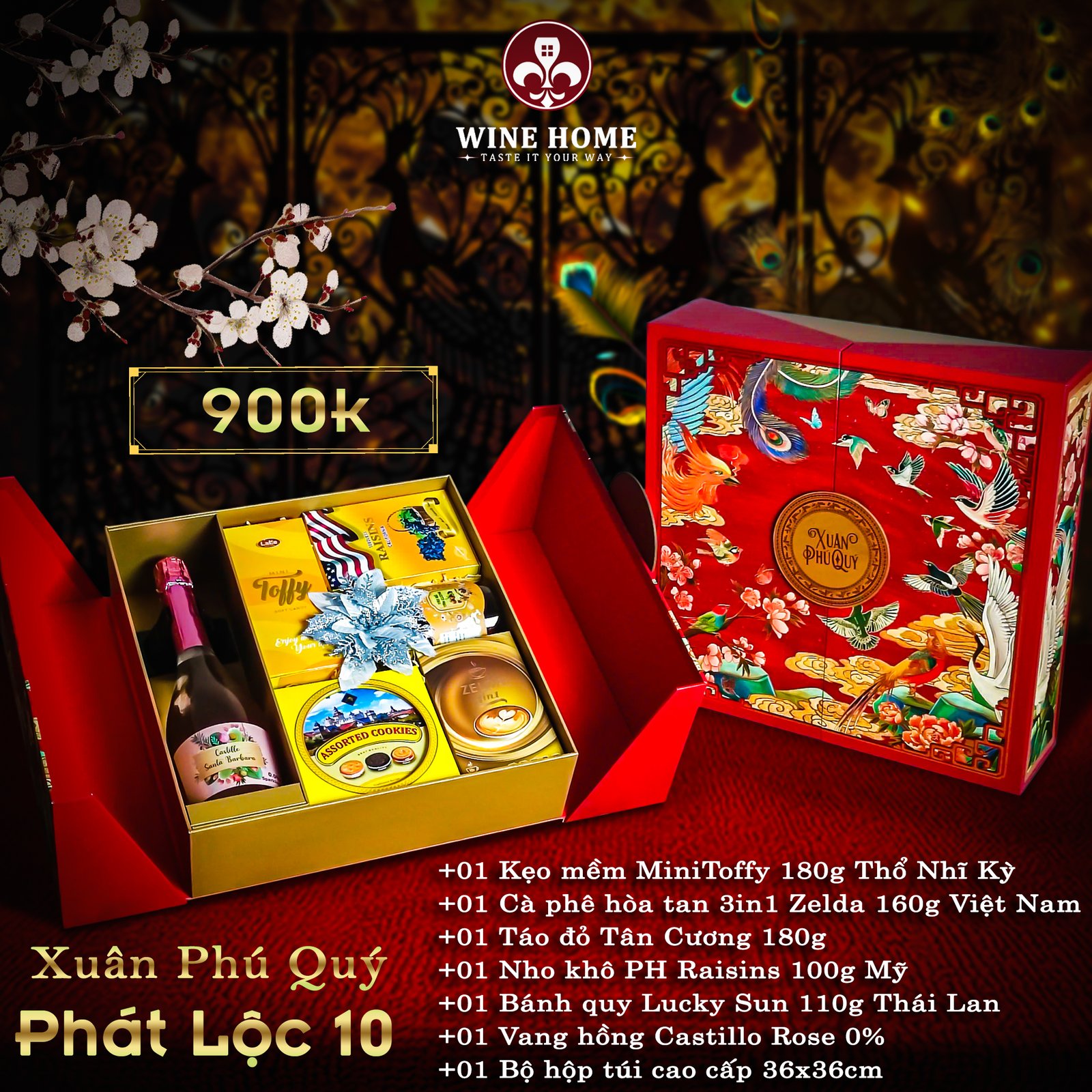 Hộp quà tết cao cấp 2025 Xuân Phú Quý Phát Lộc 10 | Rượu Vang Wine Home Hộp quà tết cao cấp 2025 Xuân Phú Quý Phát Lộc 10