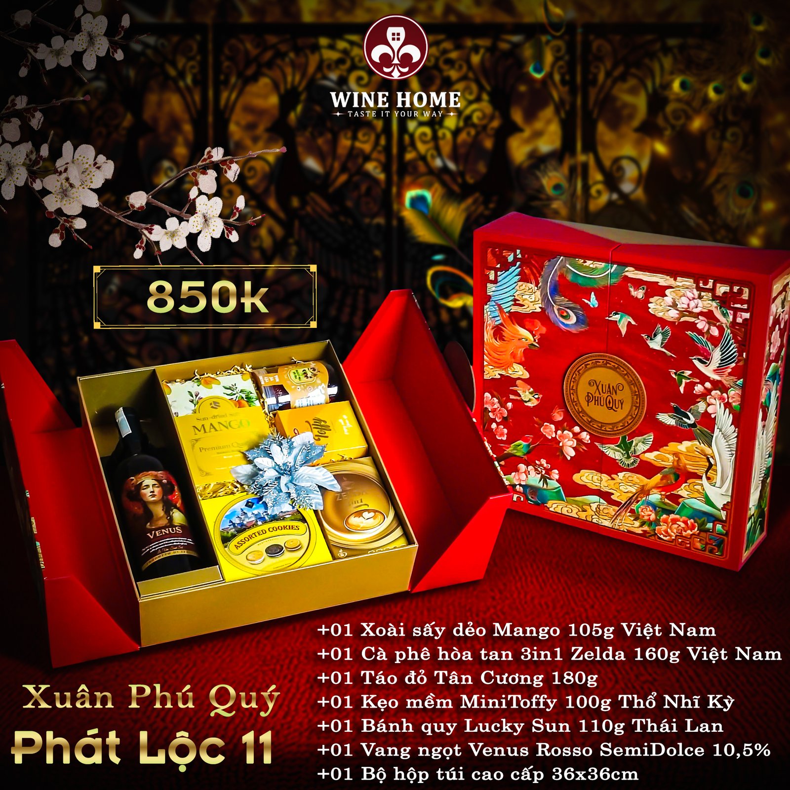 Hộp quà tết cao cấp 2025 Xuân Phú Quý Phát Lộc 11 | Rượu Vang Wine Home Hộp quà tết cao cấp 2025 Xuân Phú Quý Phát Lộc 11