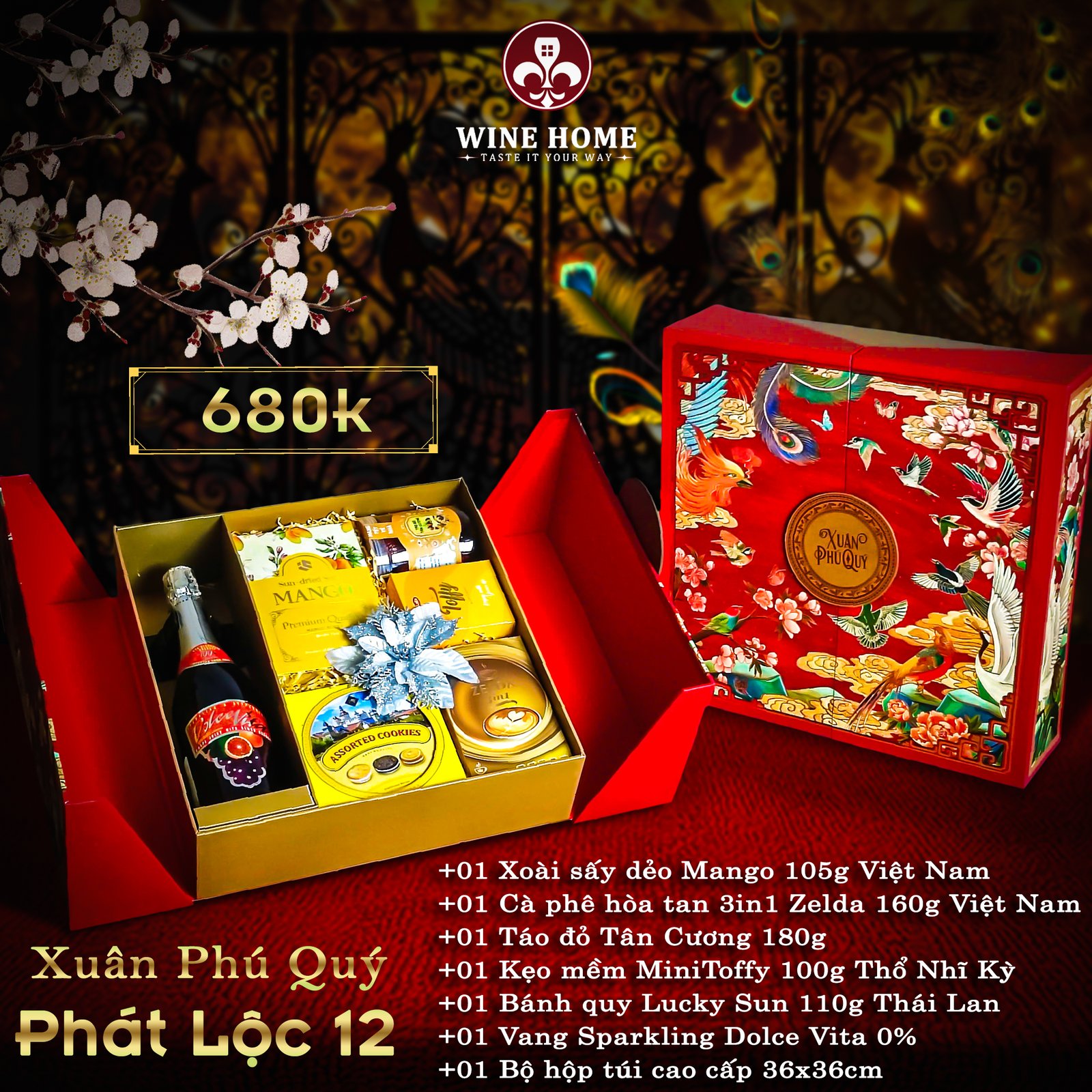 Hộp quà tết cao cấp 2025 Xuân Phú Quý Phát Lộc 12 | Rượu Vang Wine Home Hộp quà tết cao cấp 2025 Xuân Phú Quý Phát Lộc 12