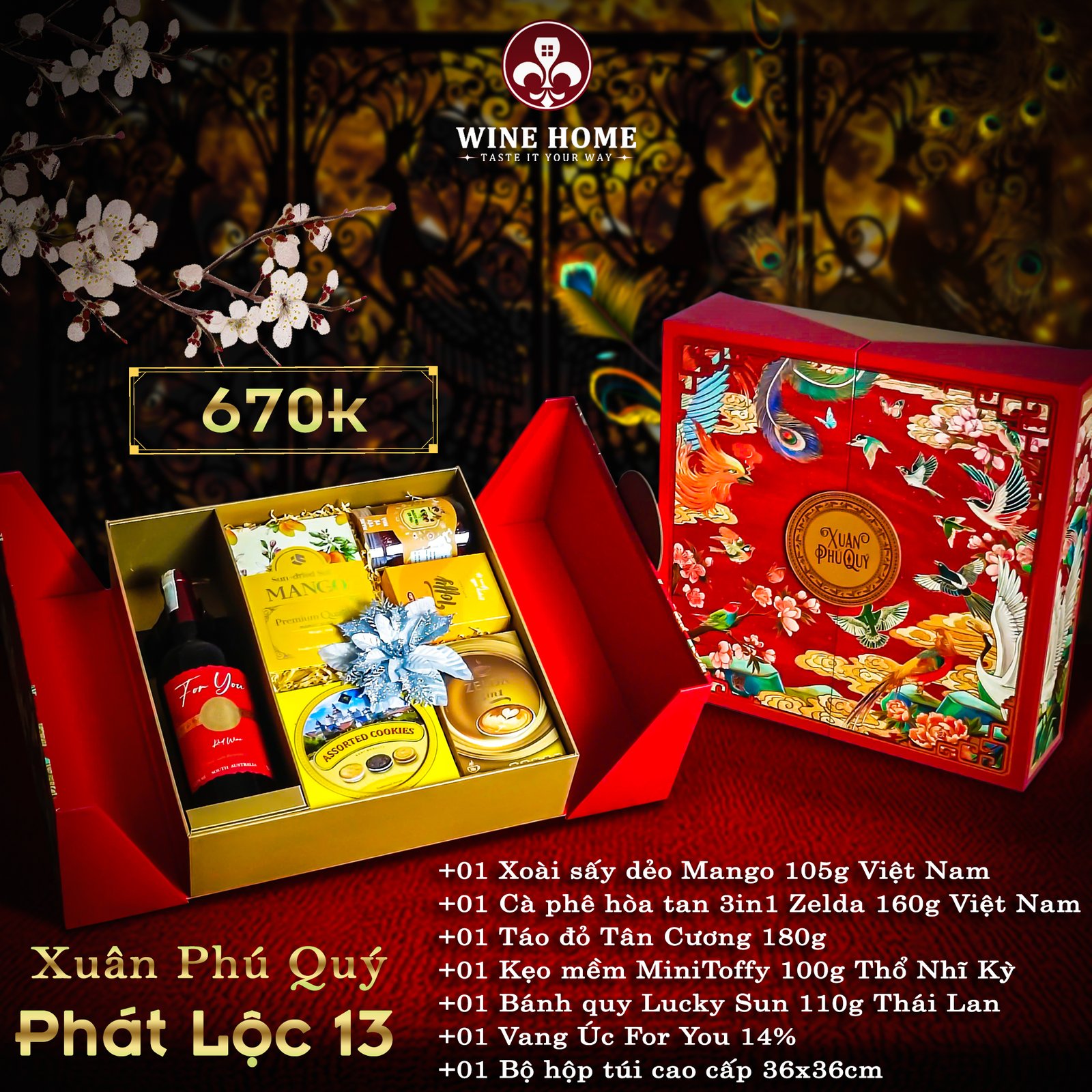 Hộp quà tết cao cấp 2025 Xuân Phú Quý Phát Lộc 13 | Rượu Vang Wine Home Hộp quà tết cao cấp 2025 Xuân Phú Quý Phát Lộc 13
