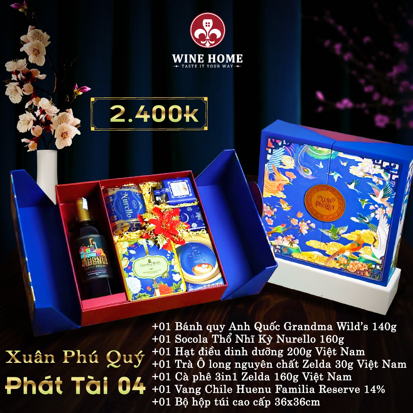 Hộp quà tết cao cấp 2025 Xuân Phú Quý Phát Tài 04 | Rượu Vang Wine Home Hộp quà tết cao cấp 2025 Xuân Phú Quý Phát Tài 04