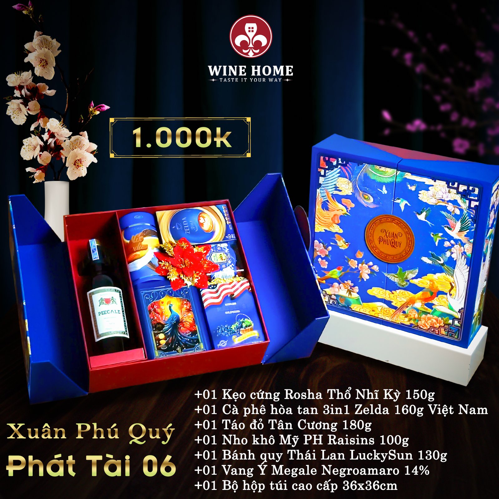 Hộp quà tết cao cấp 2025 Xuân Phú Quý Phát Tài 06 | Rượu Vang Wine Home Hộp quà tết cao cấp 2025 Xuân Phú Quý Phát Tài 06