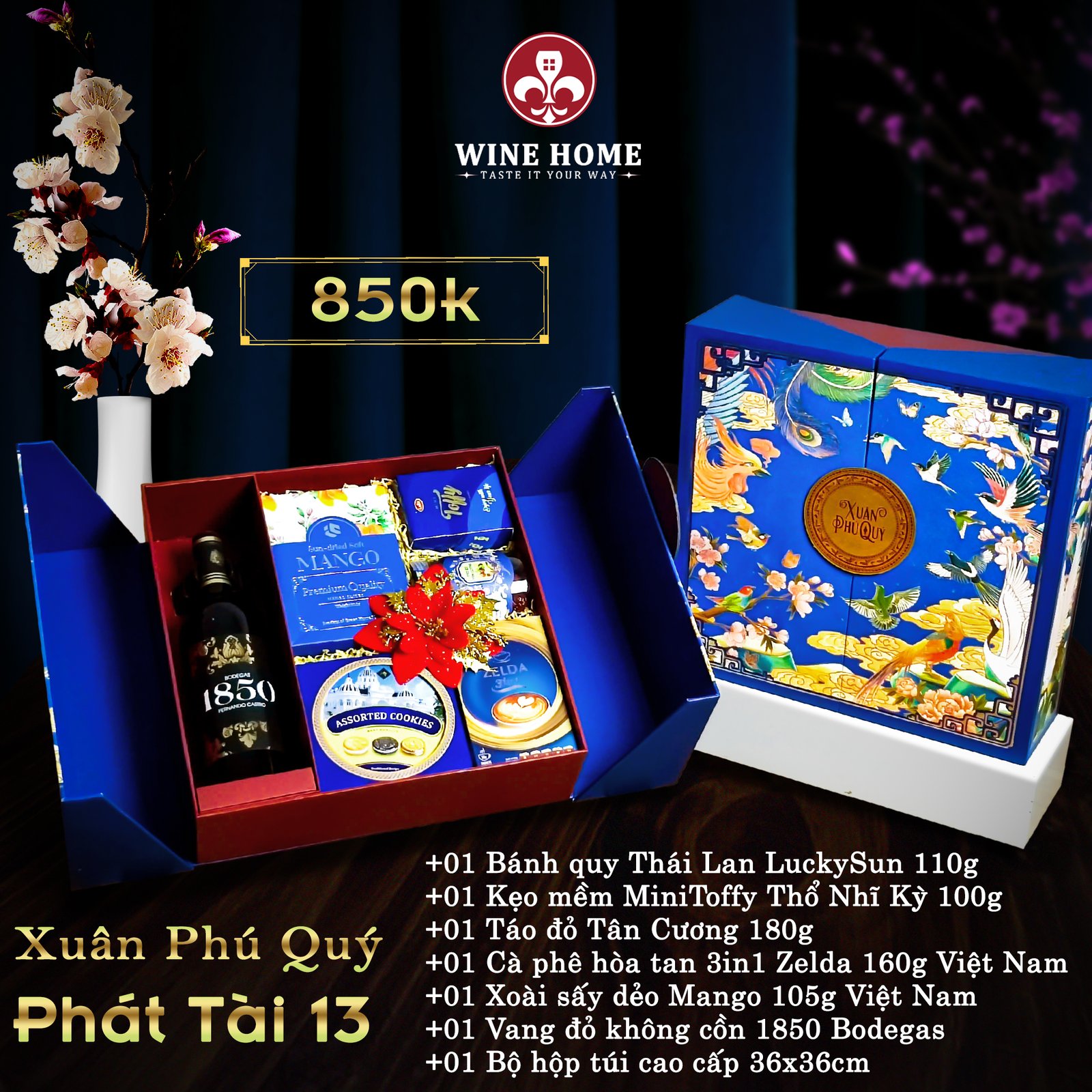 Hộp quà tết cao cấp 2025 Xuân Phú Quý Phát Tài 13 | Rượu Vang Wine Home Hộp quà tết cao cấp 2025 Xuân Phú Quý Phát Tài 13