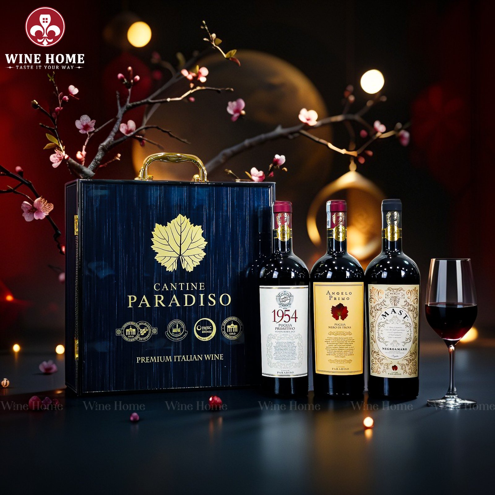Hộp quà rượu vang 3 chai BST Cantine Paradiso – Phiên bản hộp gỗ sơn mài ánh kim sang trọng