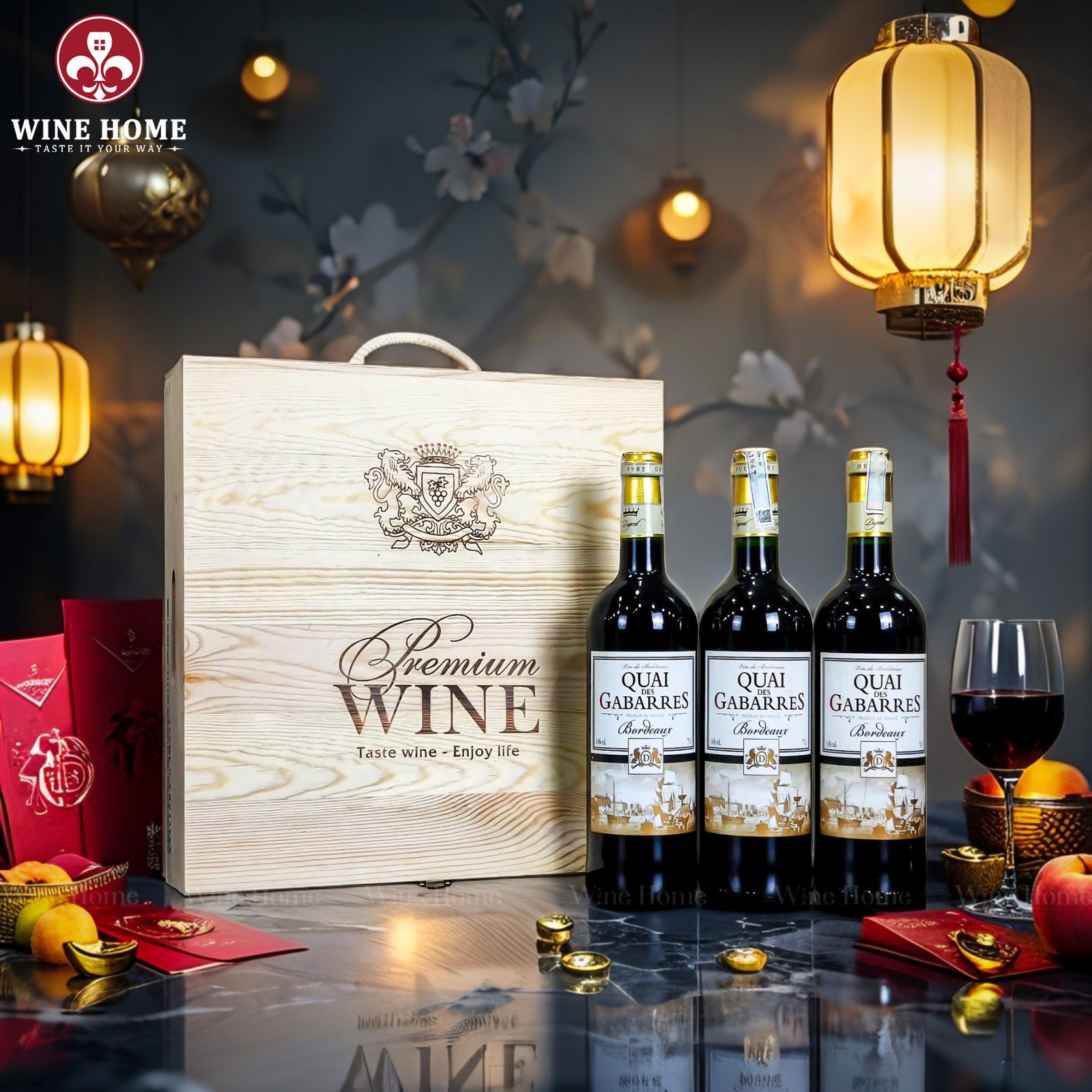 Hộp quà rượu vang 3 chai Quai des Gabarres – Phiên bản hộp gỗ mộc sang trọng, quà tặng cao cấp từ Pháp
