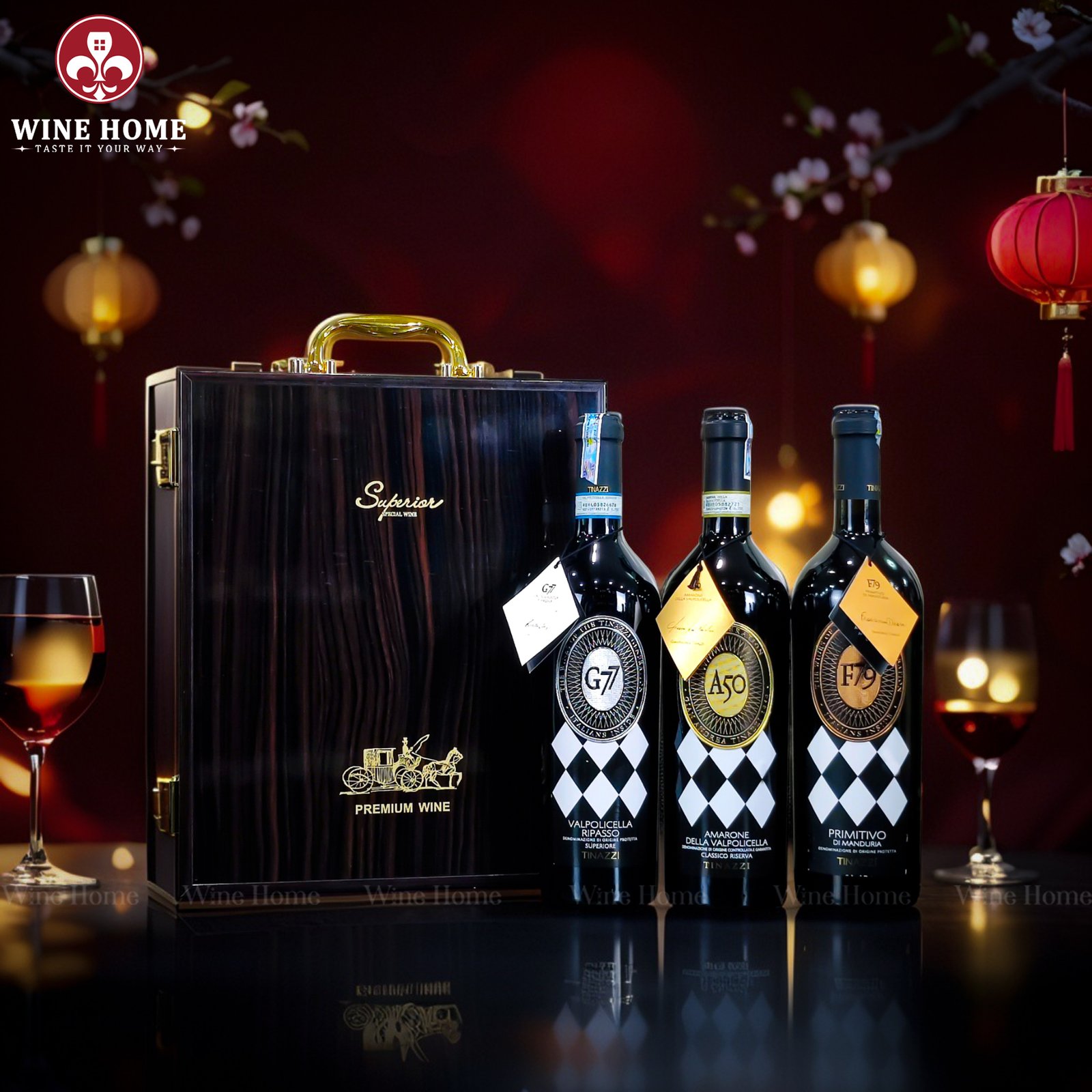 Hộp quà rượu vang 3 chai bộ 3 siêu phẩm Tinazzi Generation – Phiên bản hộp gỗ sơn mài ánh kim sang trọng