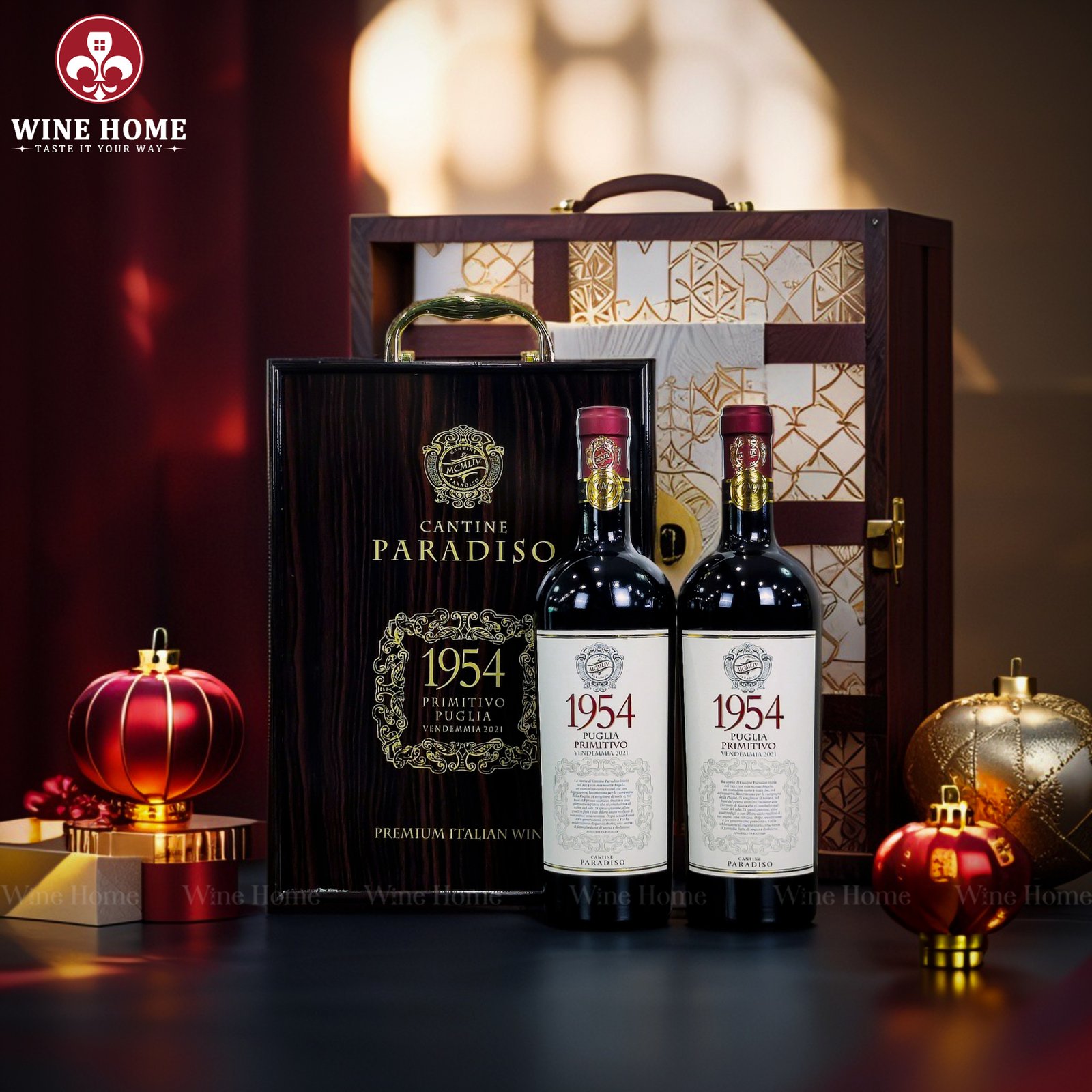 Hộp quà rượu vang 2 chai 1954 Primitivo – Phiên bản hộp quà gỗ sơn mài sang trọng, quà tặng đẳng cấp