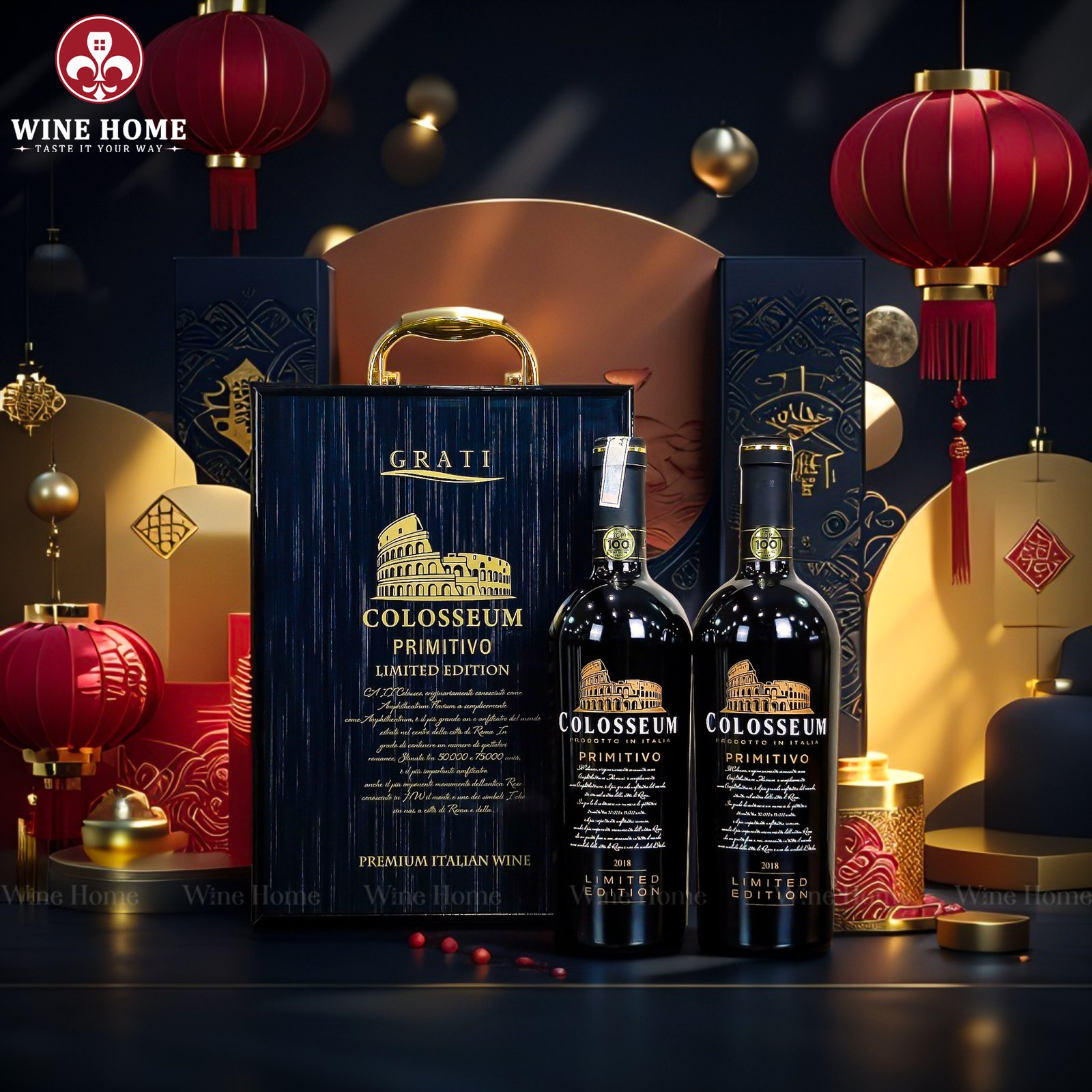 Hộp quà rượu vang 2 chai Colosseum Primitivo – Phiên bản hộp quà gỗ sơn mài sang trọng