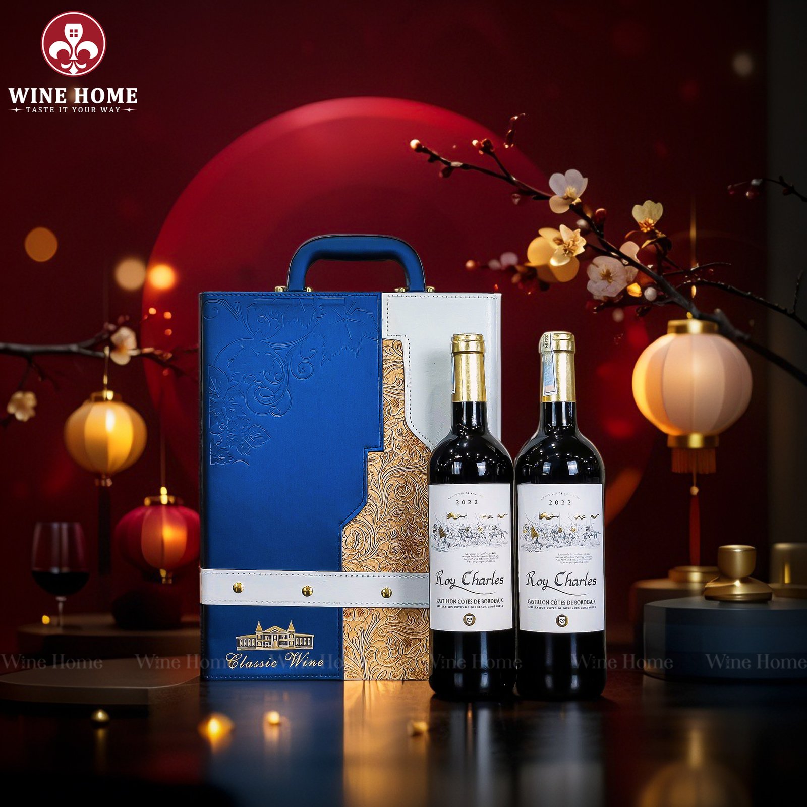 Hộp quà rượu vang 2 chai Roy Charles – Phiên bản hộp da kèm phụ kiện sang trọng, món quà biếu tinh tế cho mọi dịp đặc biệt