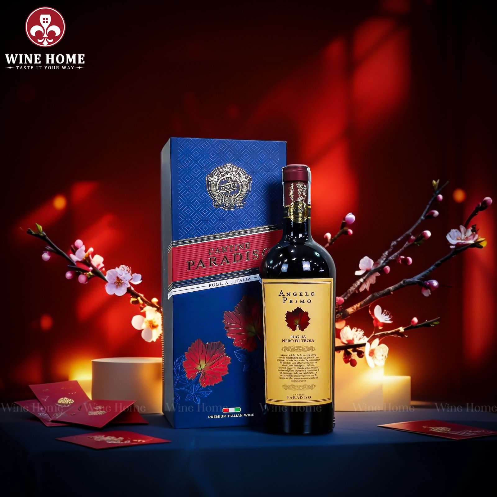 Hộp quà rượu vang 1 chai Angelo Primo Nero di Troia – Quà tặng rượu vang Ý sang trọng từ Cantine Paradiso