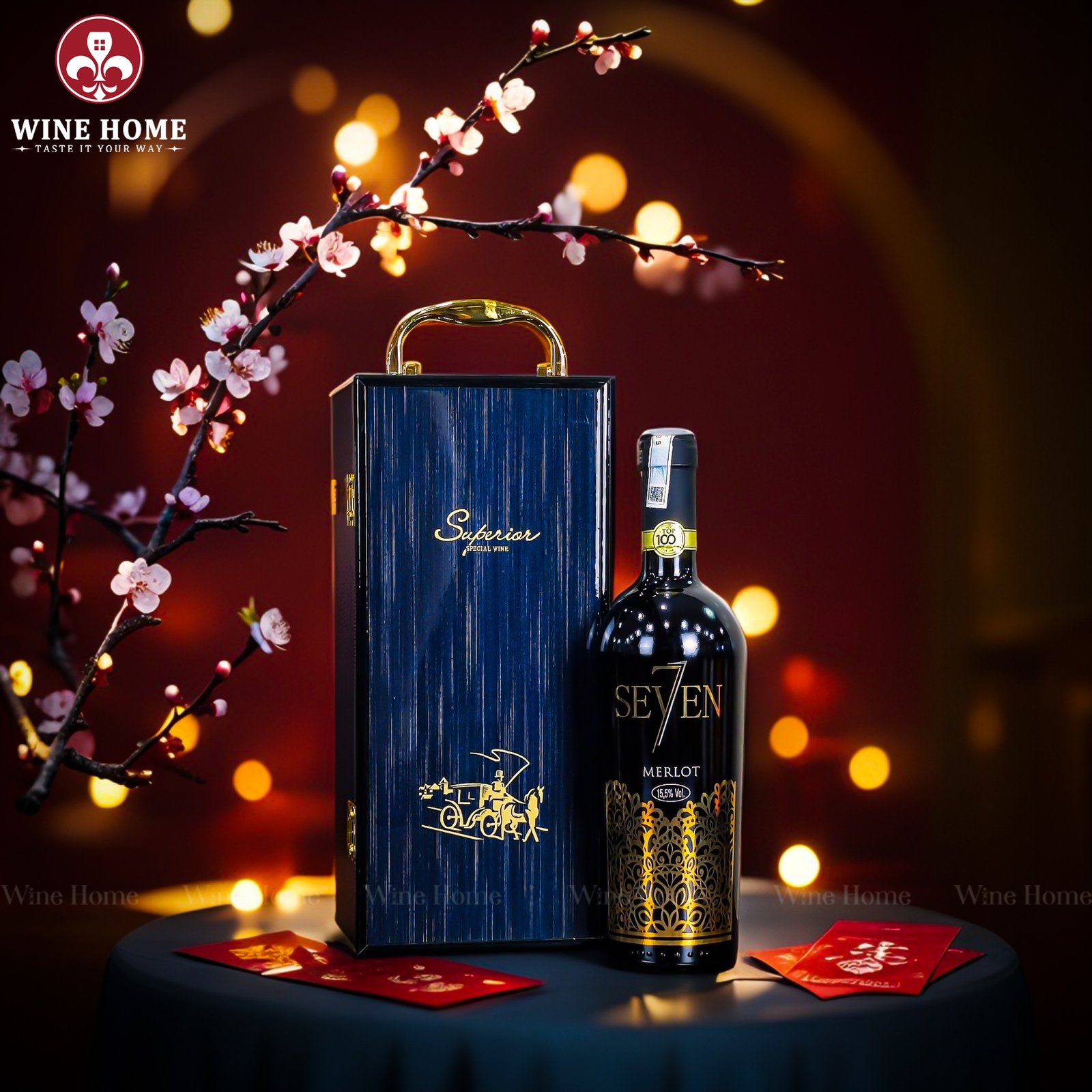 Hộp quà rượu vang 1 chai Seven7 Merlot – Phiên bản hộp gỗ sơn mài sang trọng, quà tặng cao cấp từ Ý