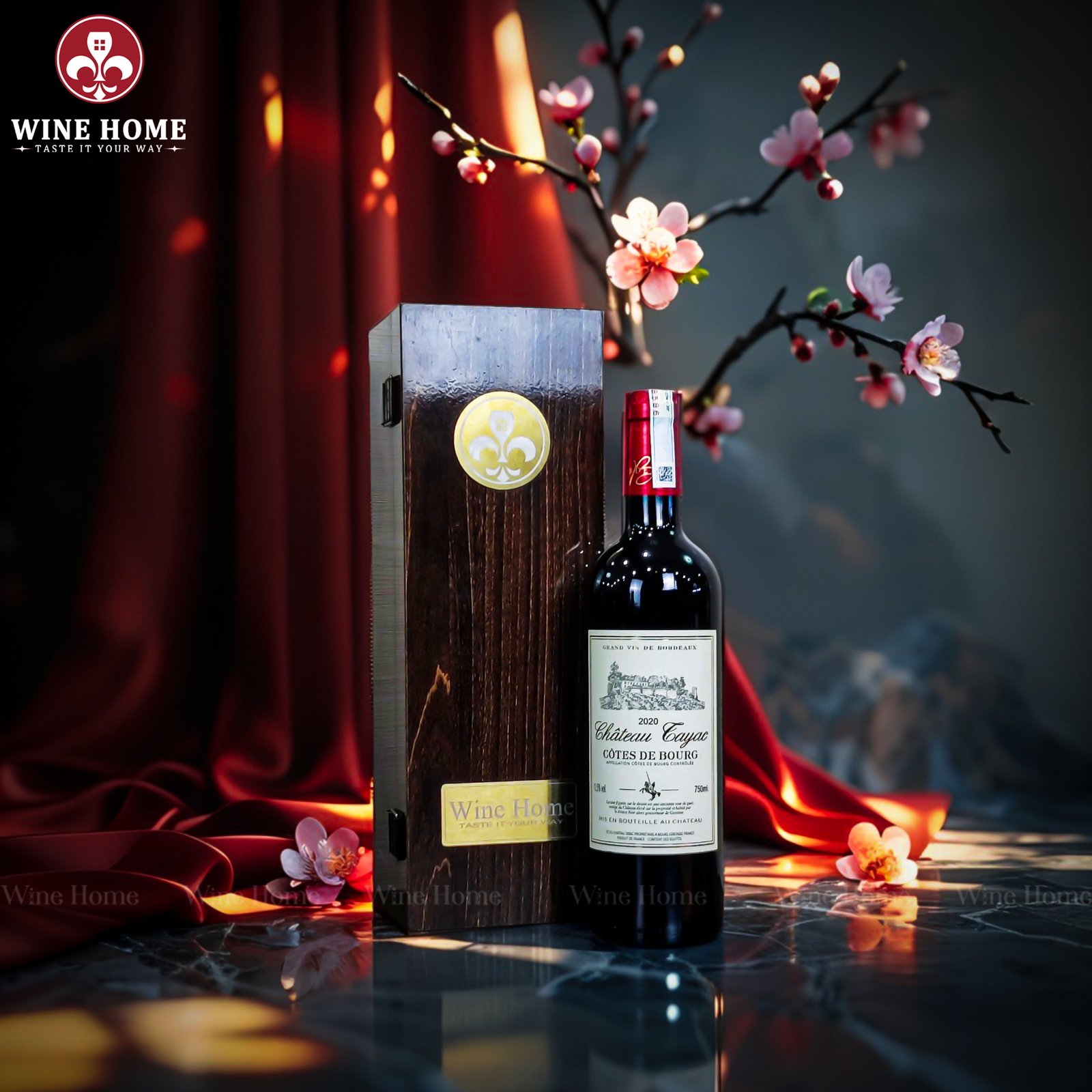 Hộp quà rượu vang 1 chai Chateau Tayac Cotes de Bourg – Quà tặng rượu vang Pháp cao cấp sang trọng