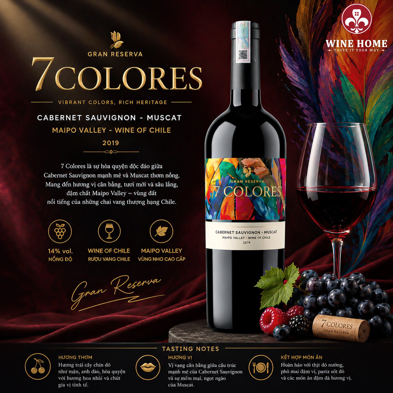 7COLORES Gran Reserva Cabernet Sauvignon Muscat | Rượu Vang Chile Cao Cấp | Rượu Vang Wine Home 7COLORES Gran Reserva Cabernet Sauvignon Muscat | Rượu Vang Chile Cao Cấp