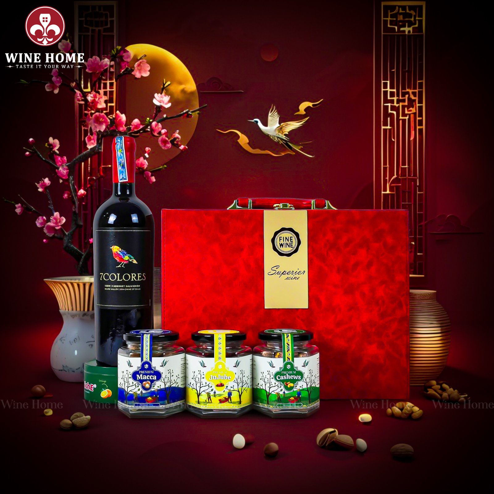 Hộp Quà Tết Rượu Hạt Hộp Da Đỏ Quai Ngang 04