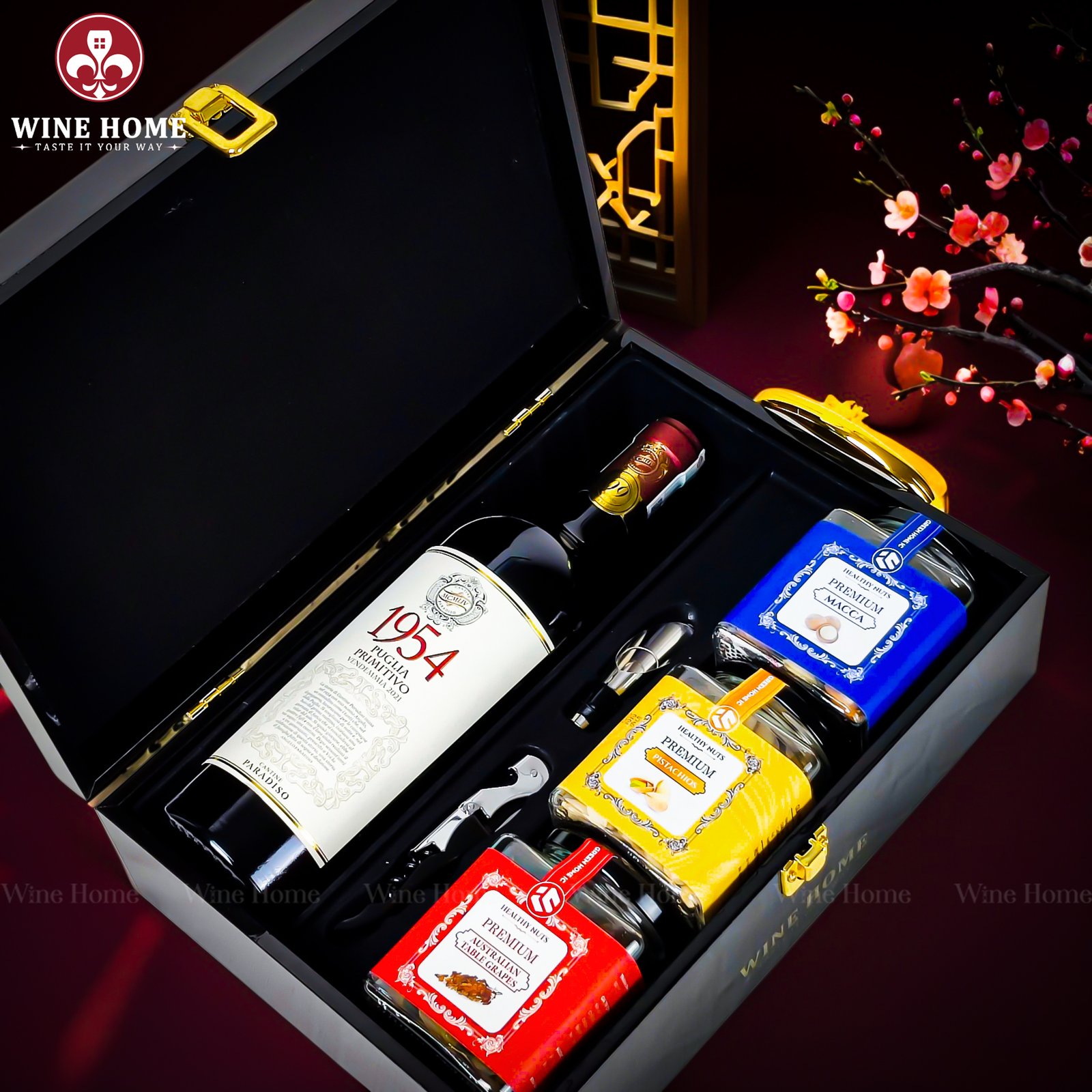 doi hat wh 19543 Hộp Quà Tết Rượu Hạt Hộp Gỗ Sơn Mài Wine Home 02