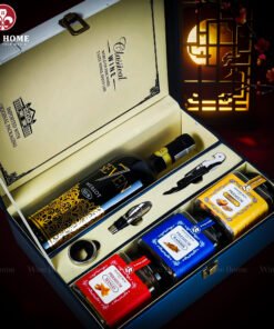 Hộp Quà Tết Rượu Hạt Hộp Da Xanh Quai Xách Dọc 07