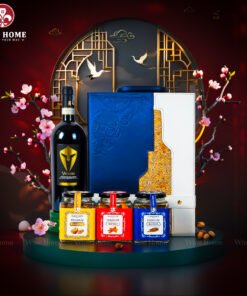 Hộp Quà Tết Rượu Hạt Hộp Da Xanh Quai Xách Dọc 08